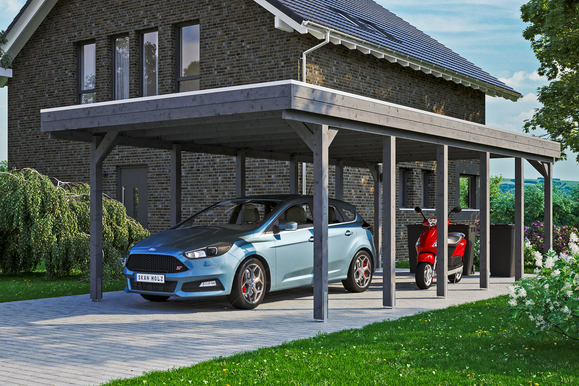 Ambientebild: Carport Friesland 397 x 860 cm, farblich behandelt in schiefergrau