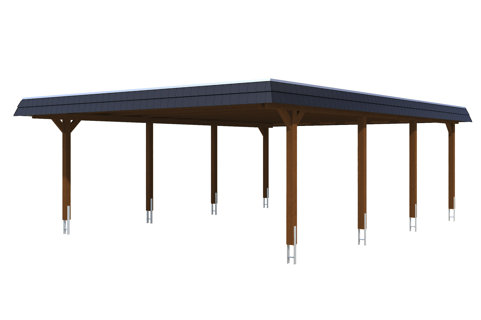 Carport Wendland 630 x 879 cm with EPDM roof, black fascia, colour pre-treated walnut