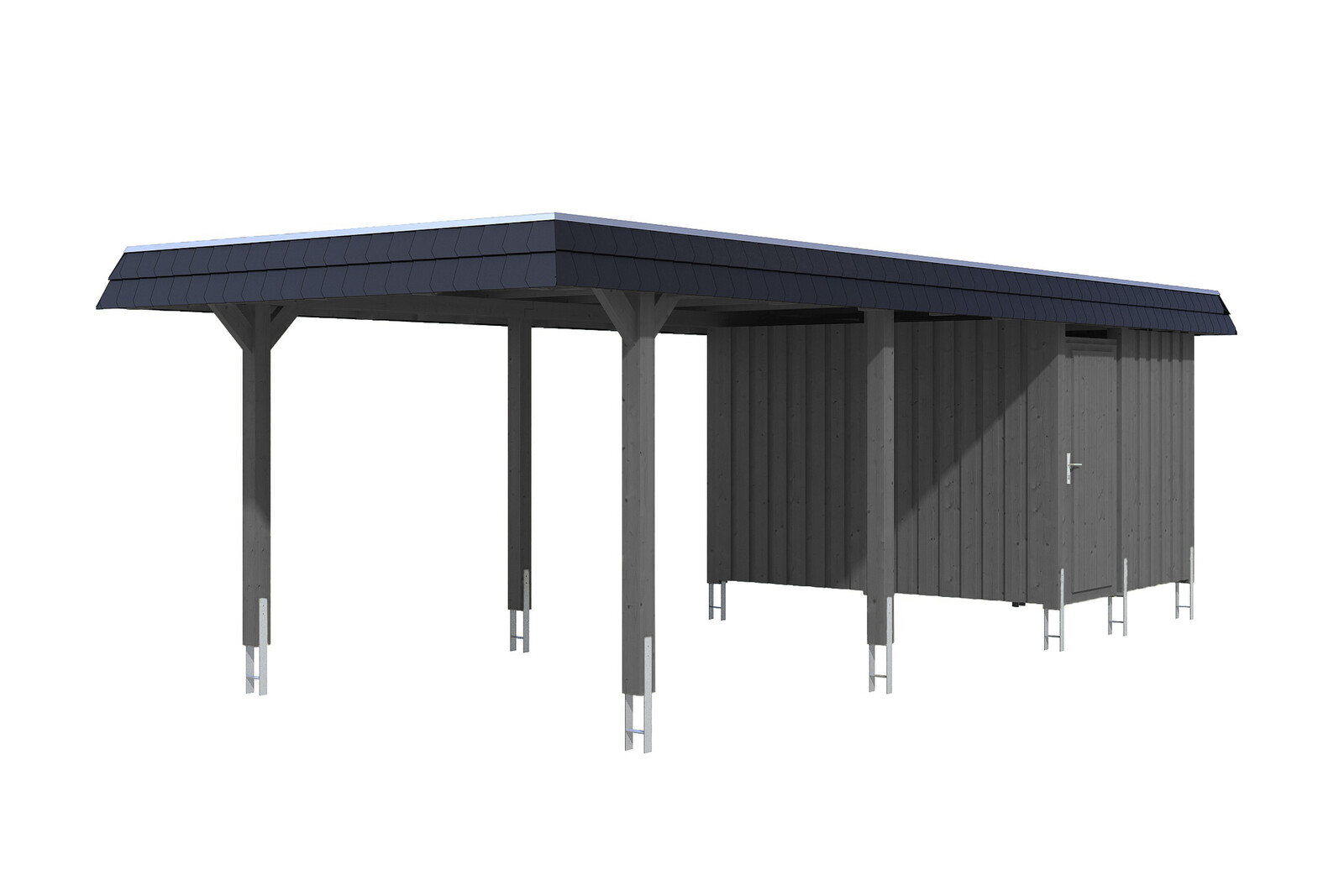 Carport Wendland mit Abstellraum 362 x 870 cm mit Aluminiumdach, schwarze Blende, schiefergrau