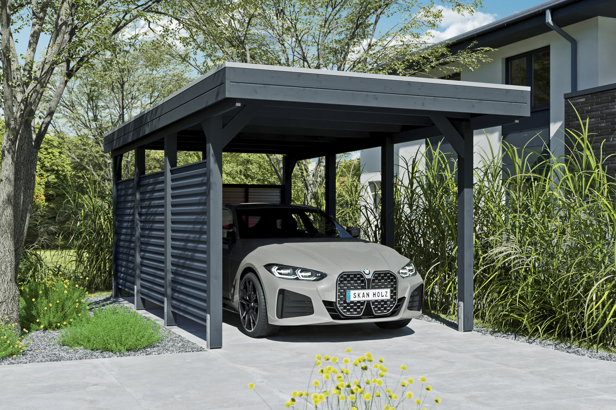 Carport Friesland Hybrid Set 11, 314 x 555 cm, met zij- en achterwand, gelakt in antraciet, met Aluminium dakplaten