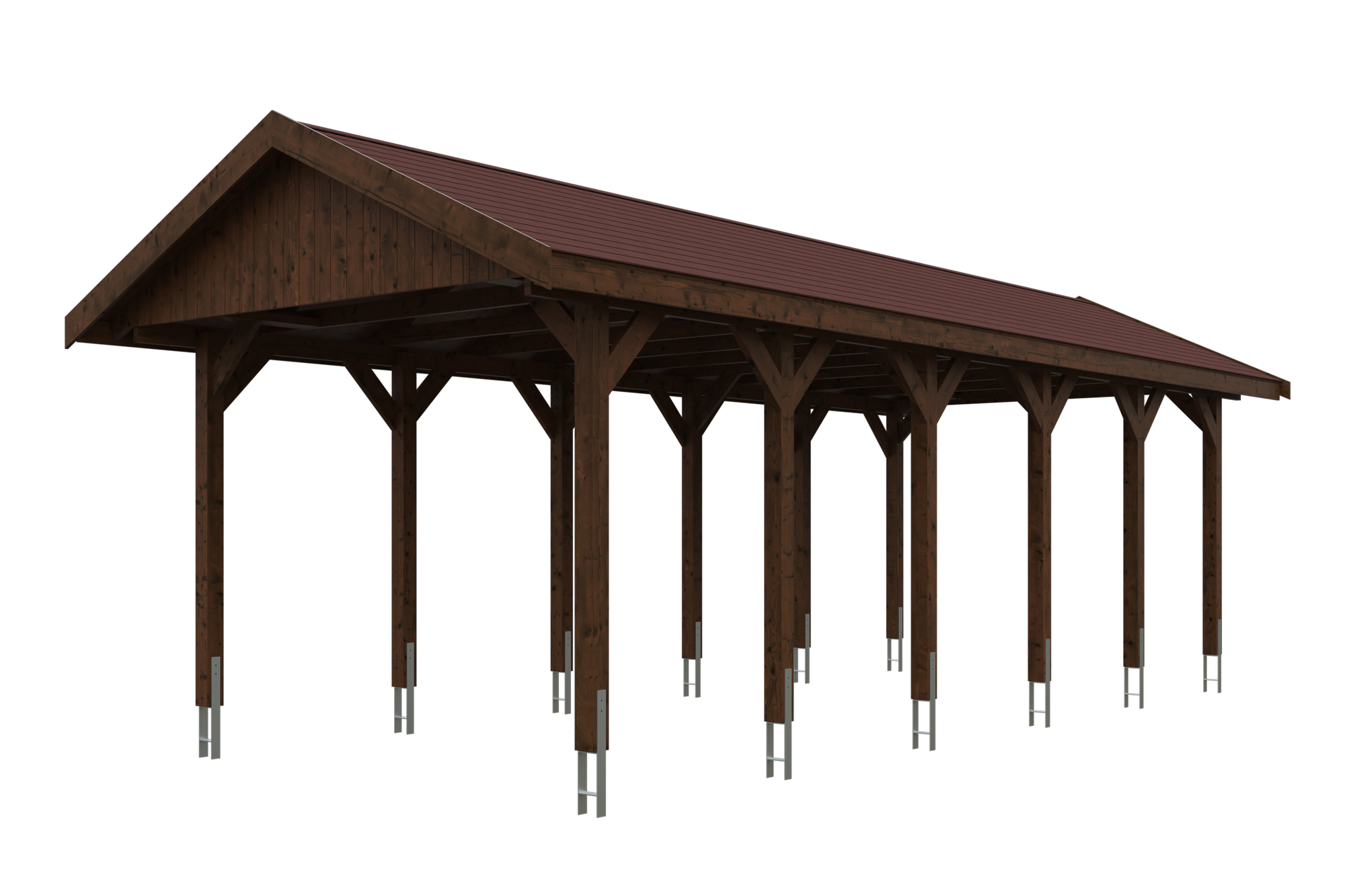 Produktbild: Carport Wallgau 380 x 900 cm, mit roten Dachschindeln, farblich behandelt in nussbaum
