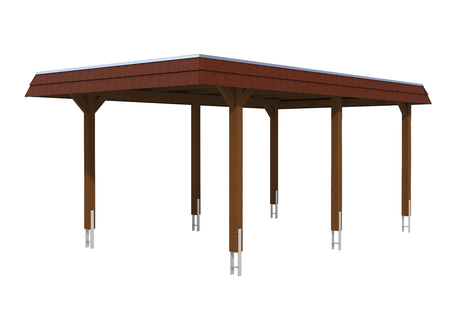 Carport Wendland 362 x 628 cm mit EPDM-Dach, rote Blende, nussbaum