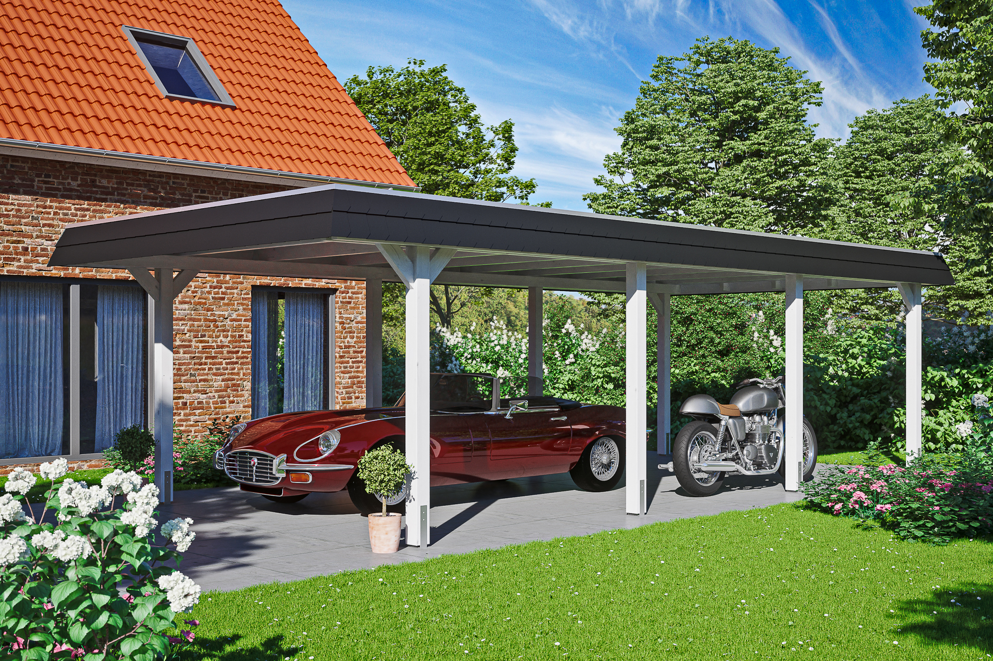 Ambientebild: Carport Wendland 409 x 870 cm, mit schwarzer Blende, farblich behandelt in weiß