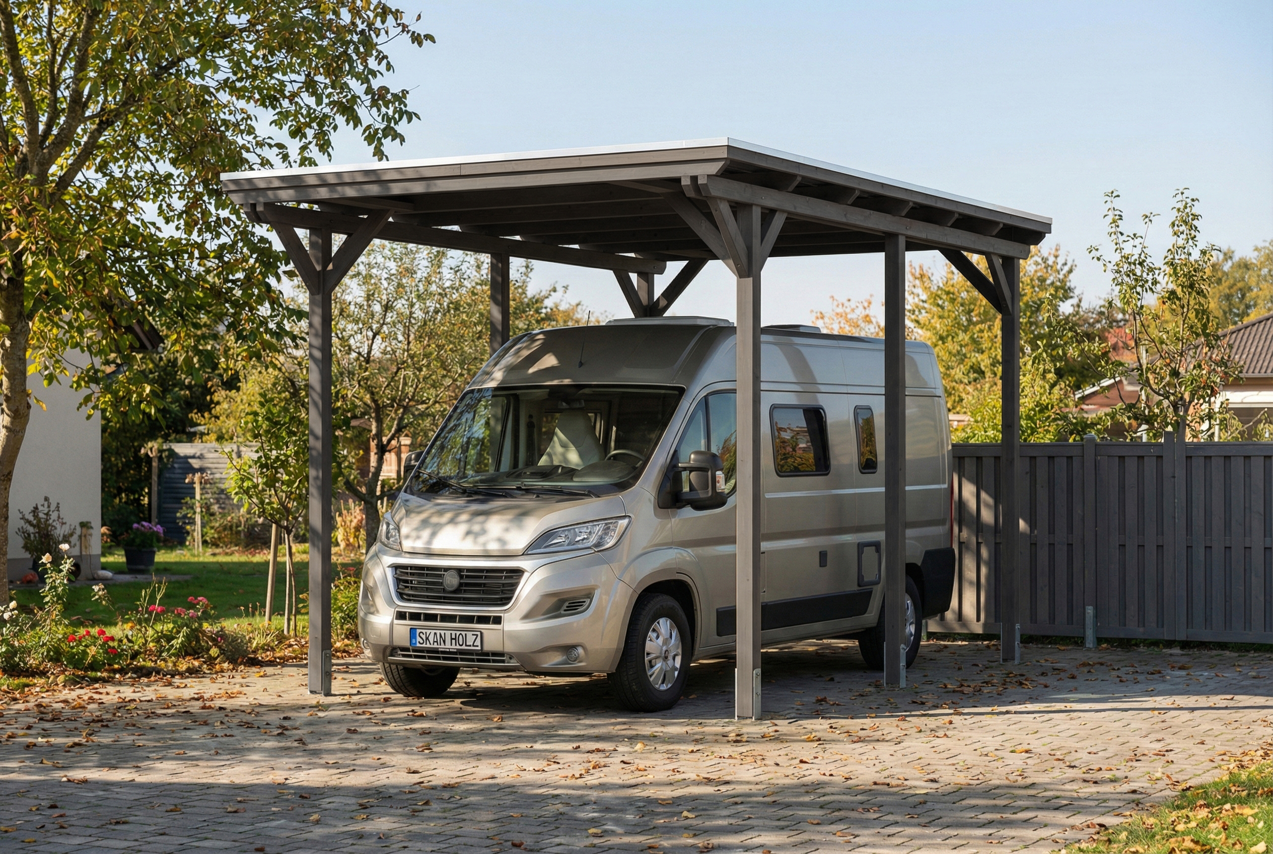 Carport Emsland Caravan 402 x 604 cm, panneaux de toit en acier avec voile de condensation antique, gris ardoise