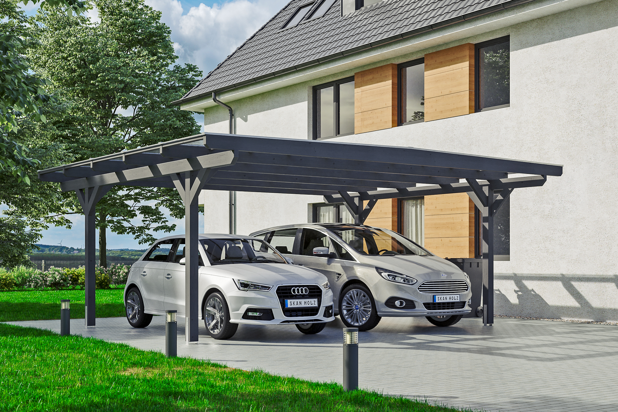 Ambientebild: Carport Odenwald 640 x 541 cm, farblich behandelt in schiefergrau