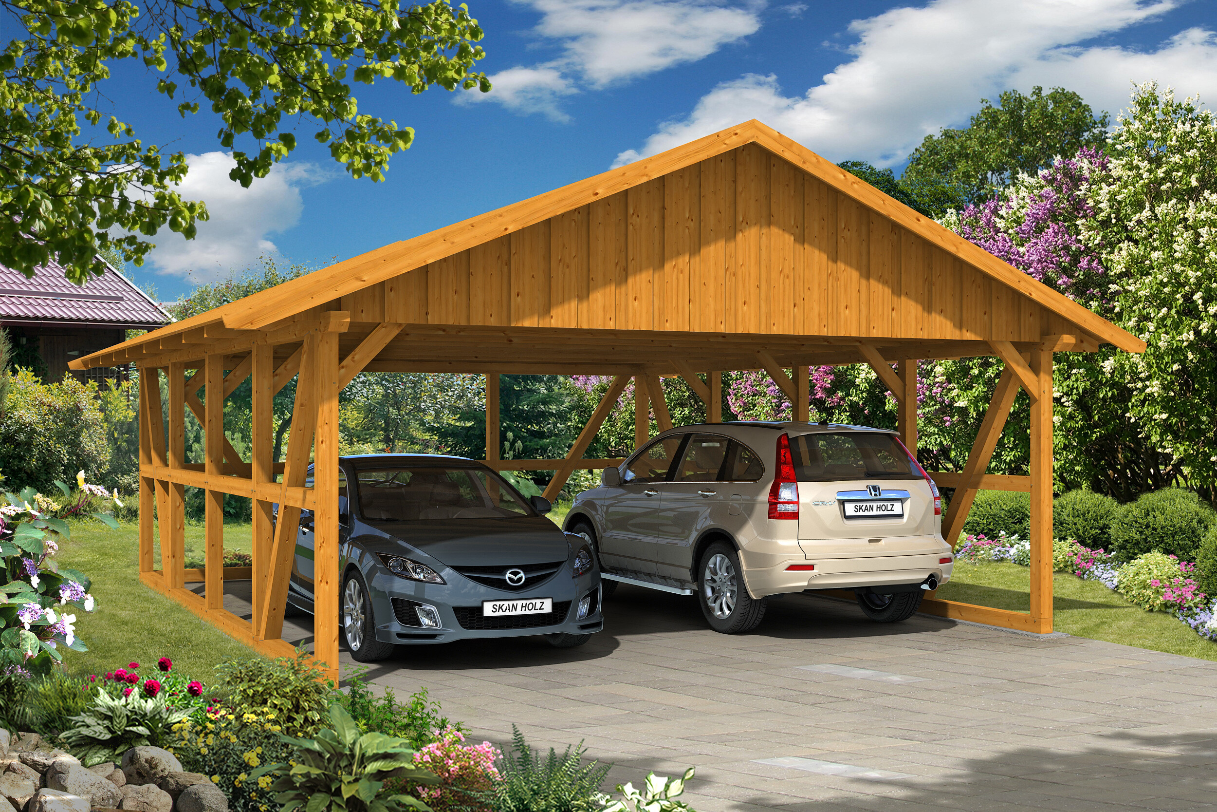 Carport SCHWARZWALD 684x772cm avec paroi arriere, planches de toit, KVH-bois d'épinette, traitement coloré chêne clair