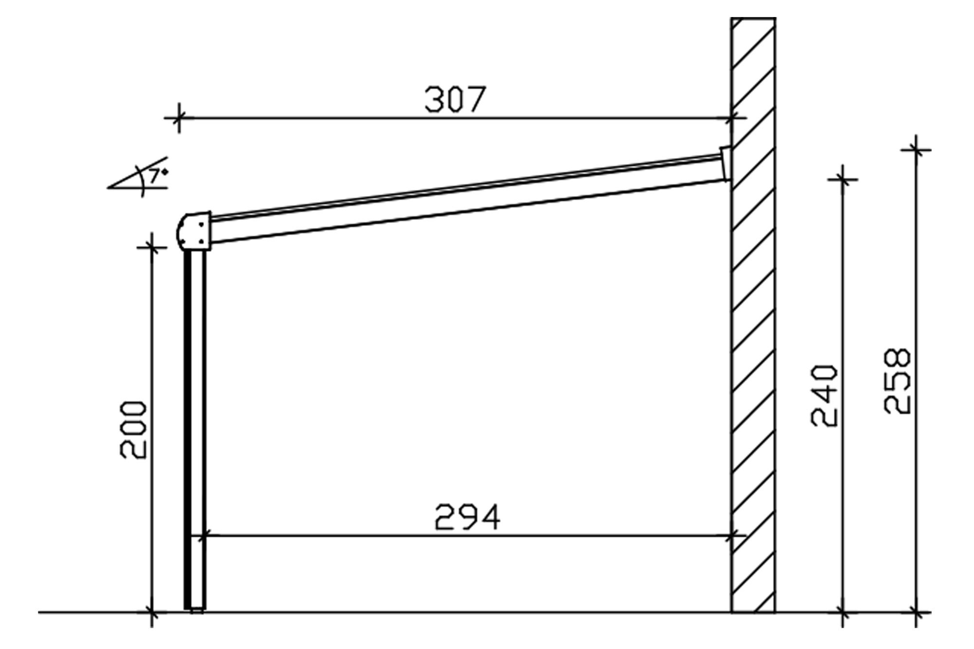 Grafik (Schnitt): Terrassenüberdachung Genua, Tiefe 307 cm