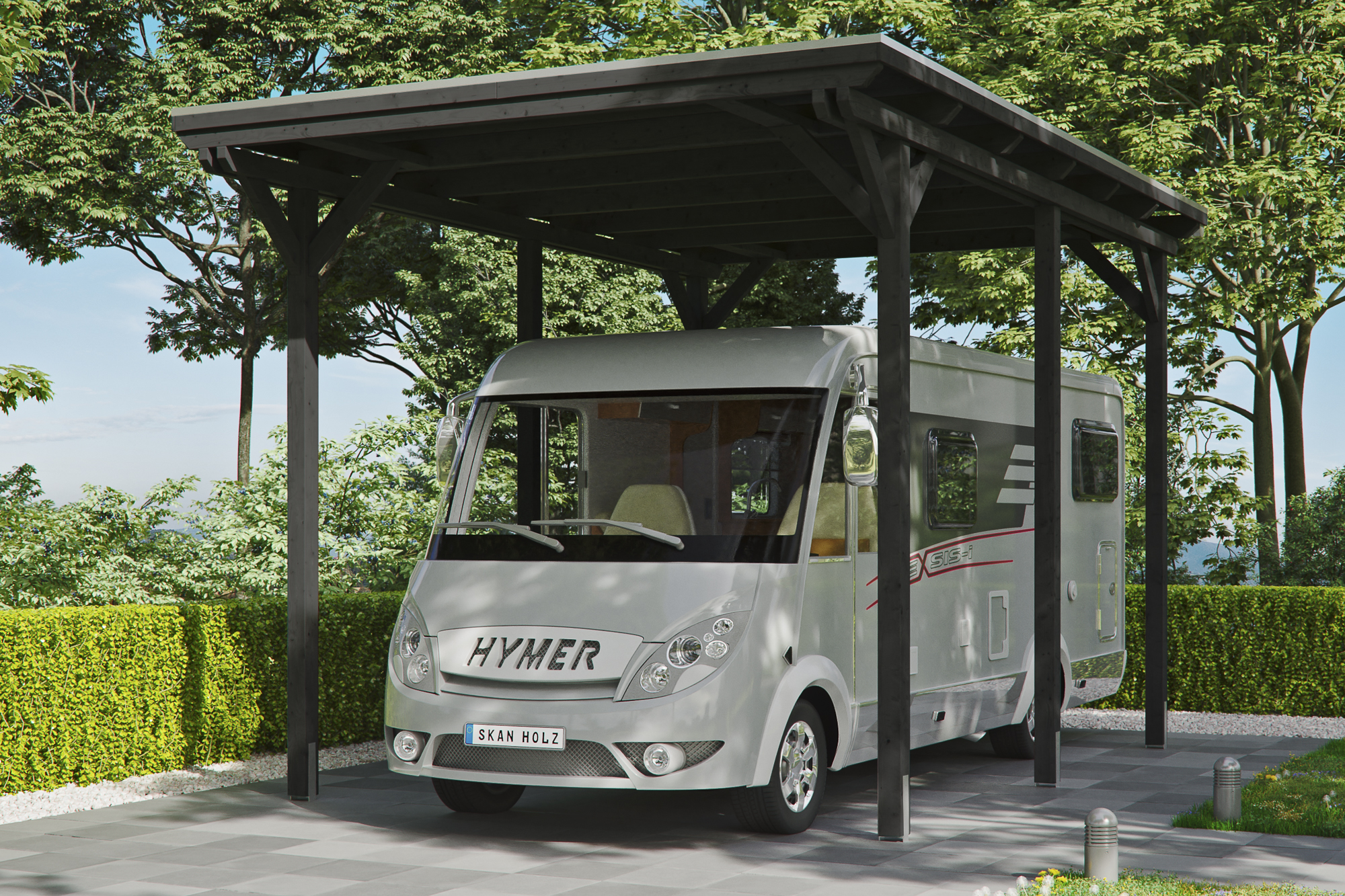 Ambientebild: Carport Emsland Caravan 404 x 604 cm, farblich behandelt in anthrazit
