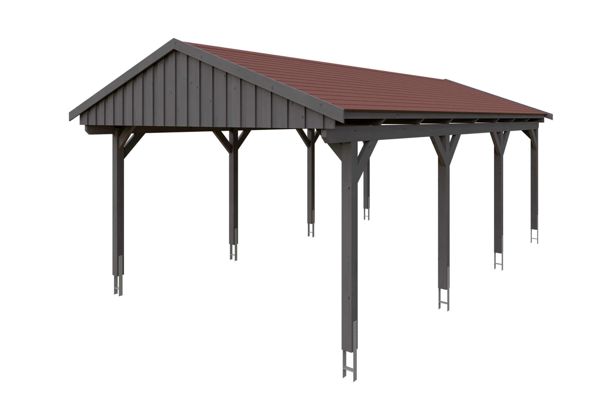 Produktbild: Carport Fichtelberg 423 x 808 cm, farblich behandelt in schiefergrau, mit roten Dachschindeln