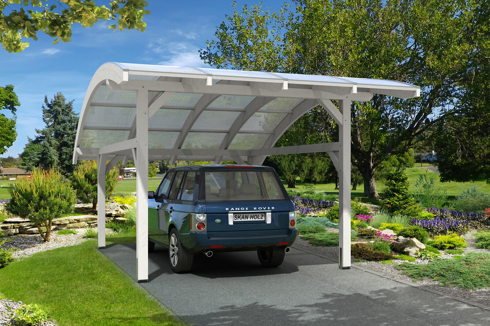 Carport Schwaben 434 x 630 cm, gelakt in wit, met polycarbonaatplaten