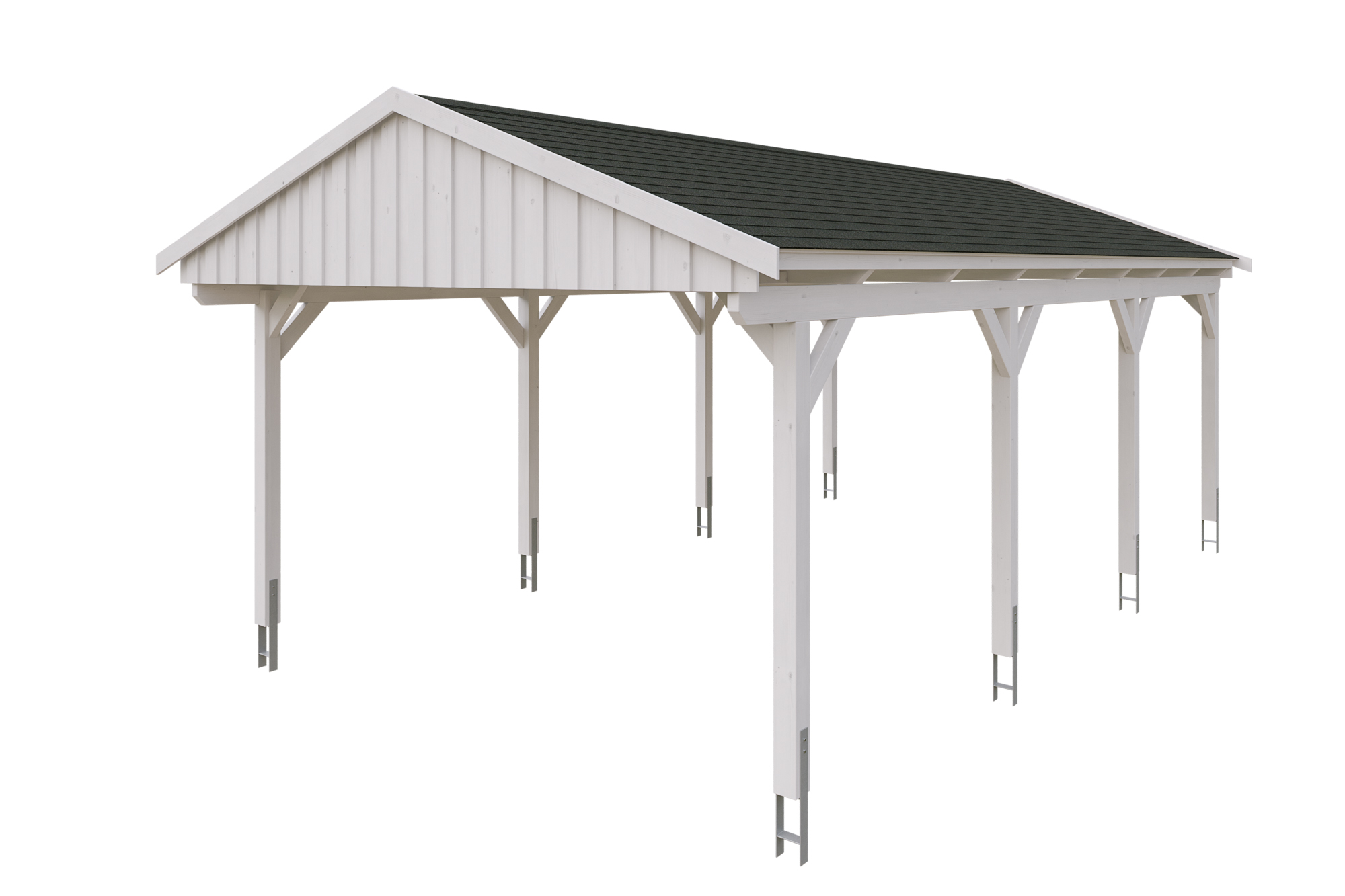 Produktbild: Carport Fichtelberg 423 x 808 cm, farblich behandelt in weiß, mit schwarzen Dachschindeln