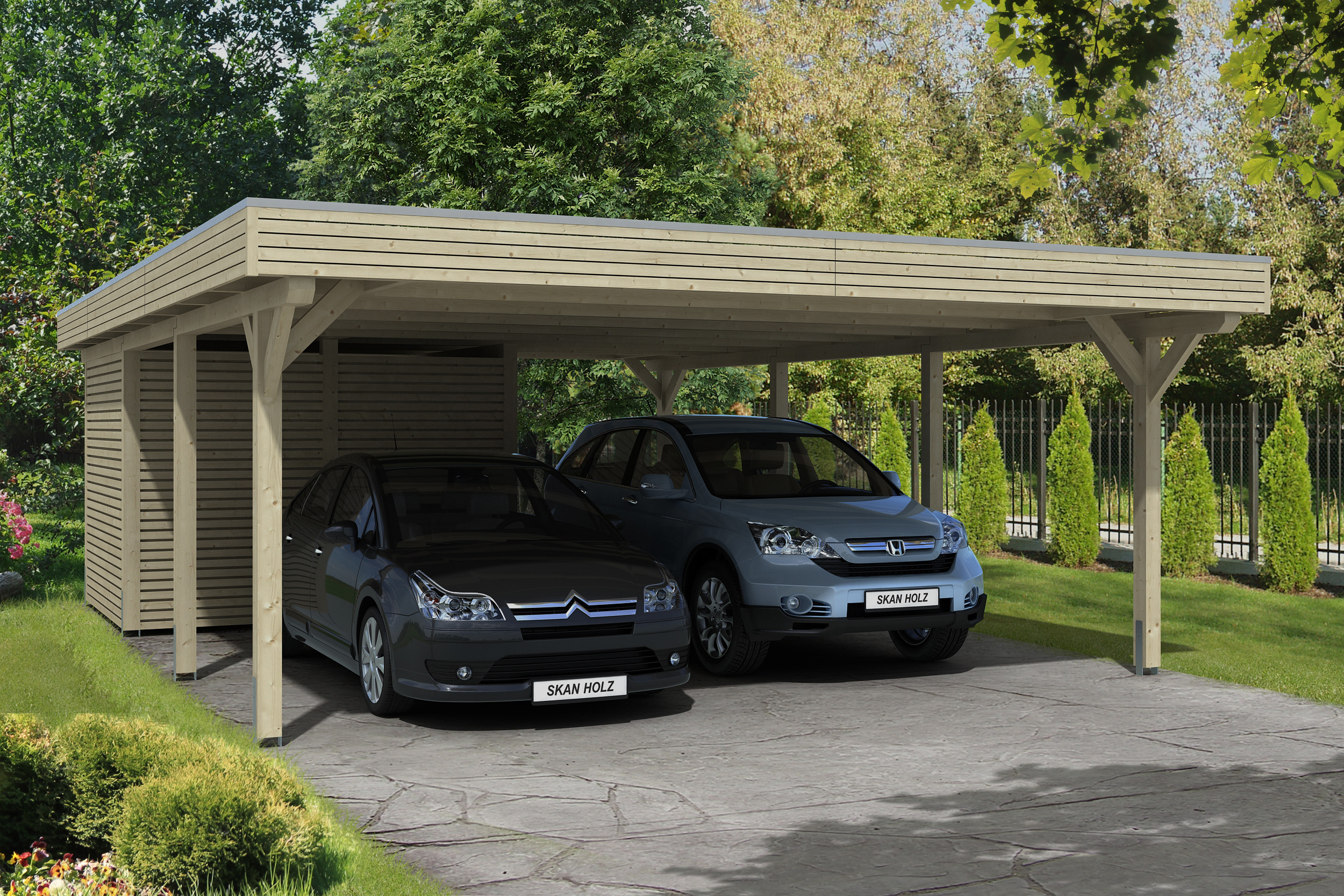 Ambientebild: Carport Spessart 611 x 846 cm mit Abstellraum