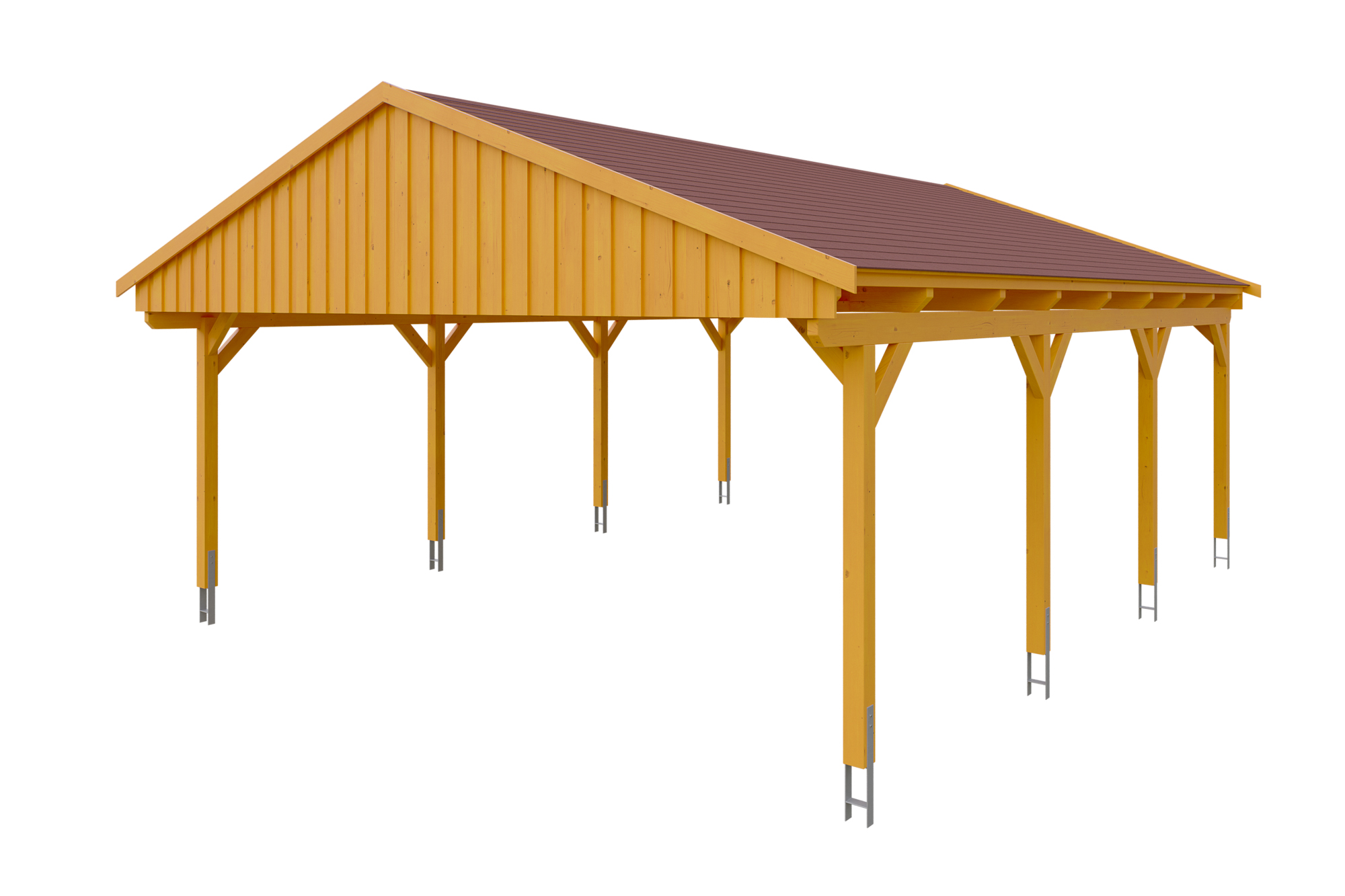 Produktbild: Carport Fichtelberg 618 x 808 cm, farblich behandelt in eiche hell, mit roten Dachschindeln