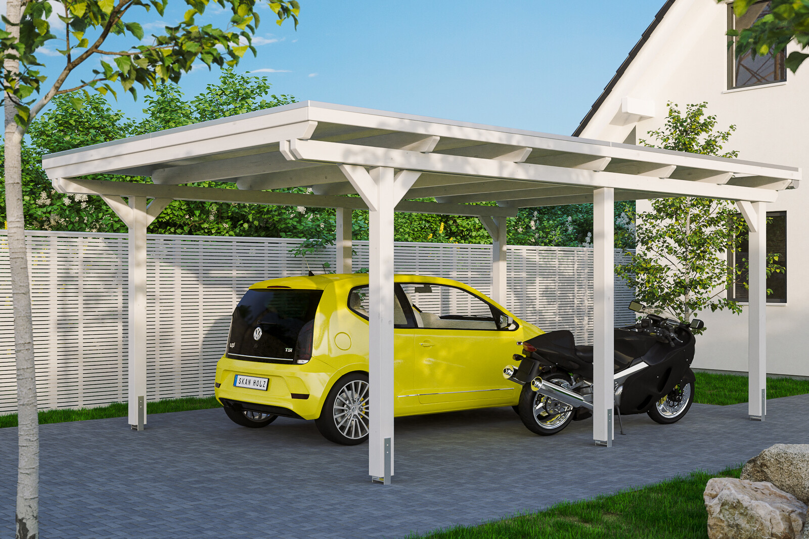 Carport EMSLAND 404x604cm, avec panneaux de toit en aluminium, bois lamellé-collé, traitement coloré blanc