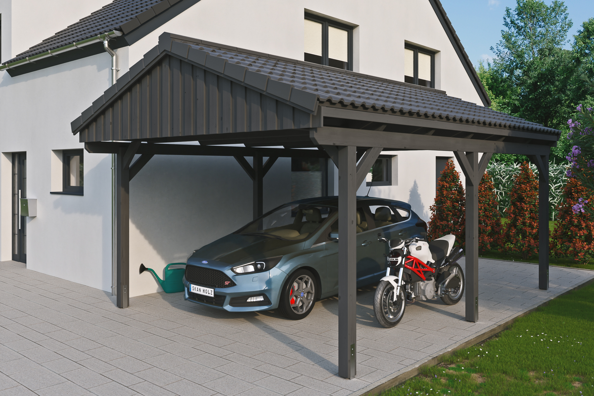 Ambientebild: Carport Fichtelberg 423 x 566 cm, farblich behandelt in schiefergrau, mit Dachziegeln