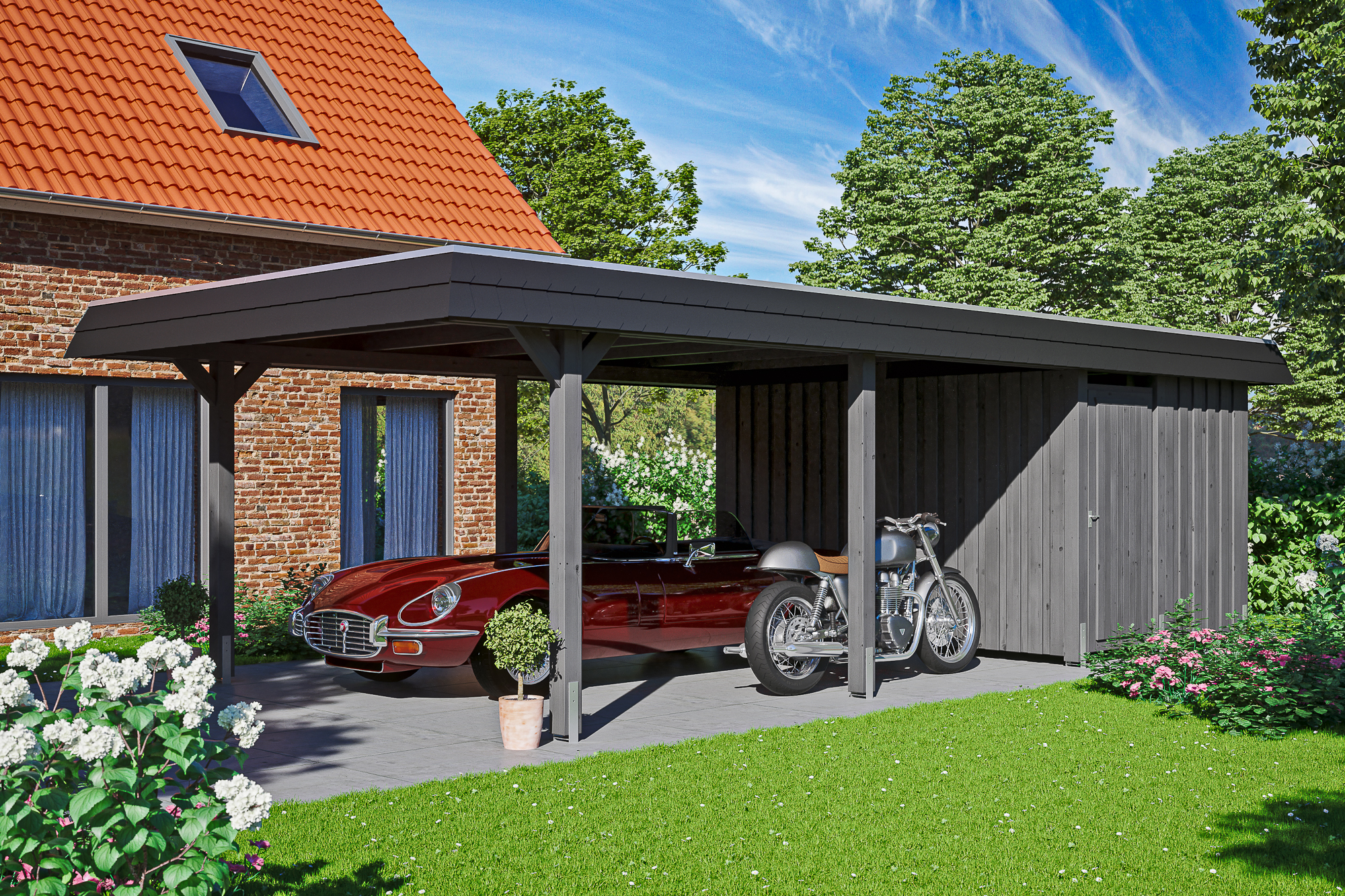 Ambientebild: Carport Wendland 409 x 870 cm, mit Abstellraum, mit schwarzer Blende, farblich behandelt in schiefergrau