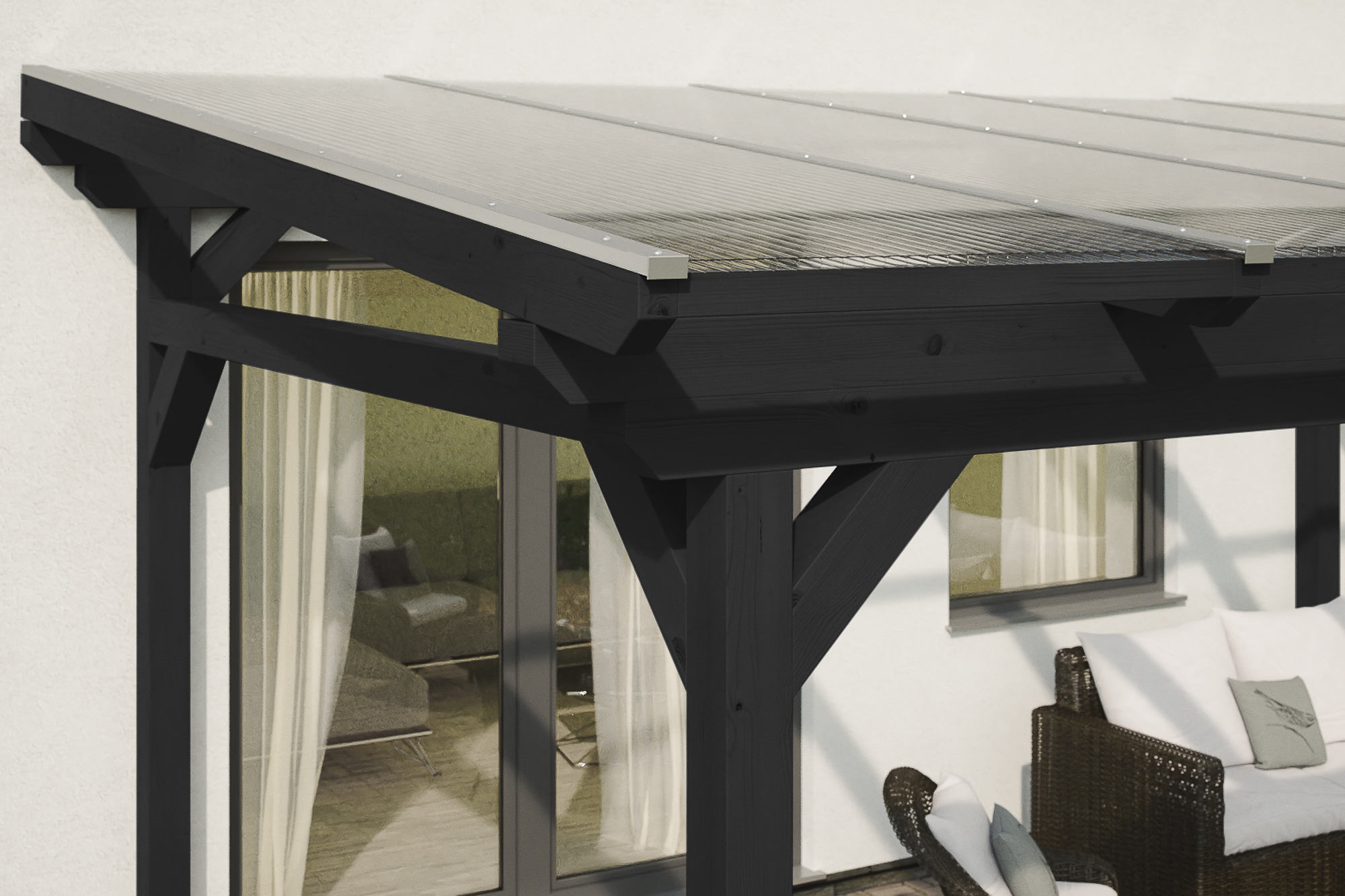 Detailbild einer Terrassenüberdachung Sanremo farblich behandelt in anthrazit mit Blick seitlich auf das Dach