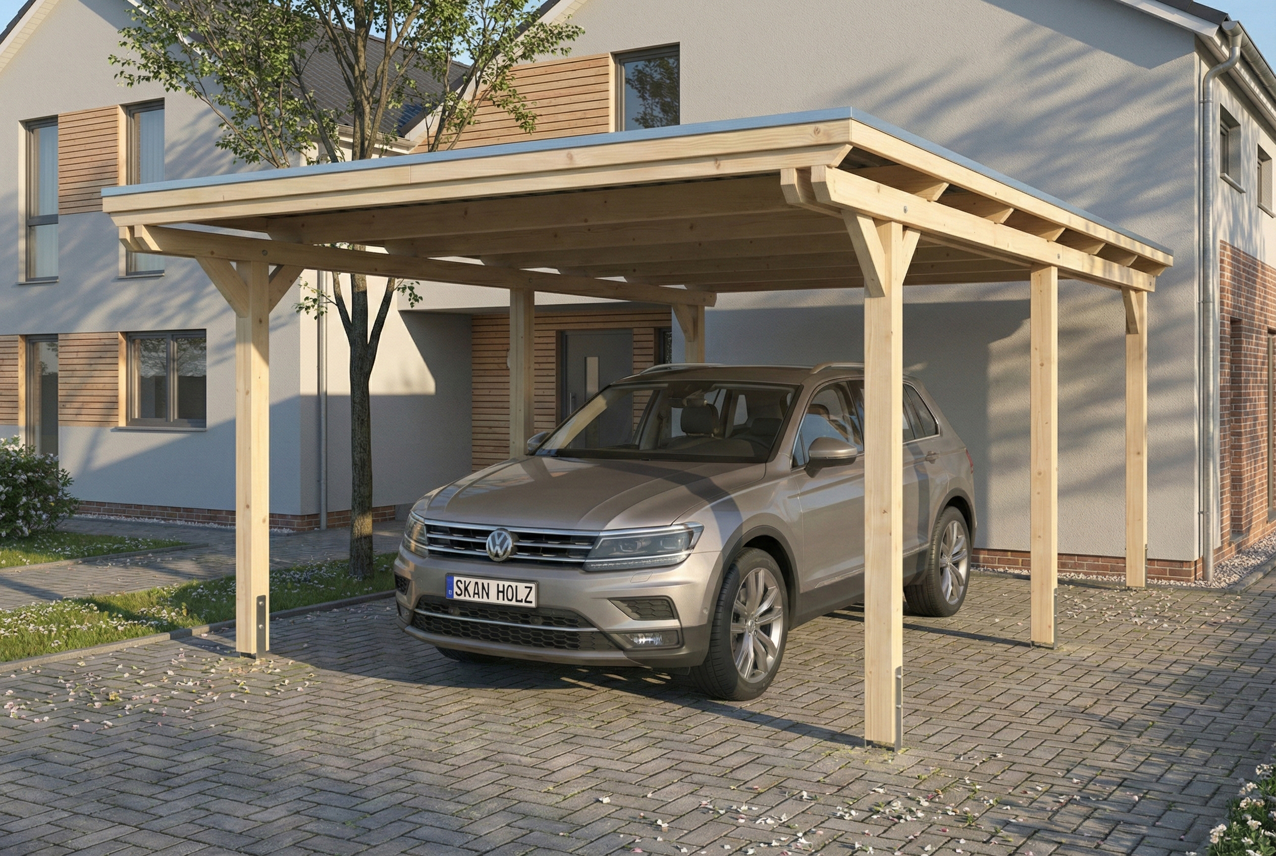 Carport Emsland 402 x 604 cm, panneaux de toit en acier avec voile de condensation antique, naturel