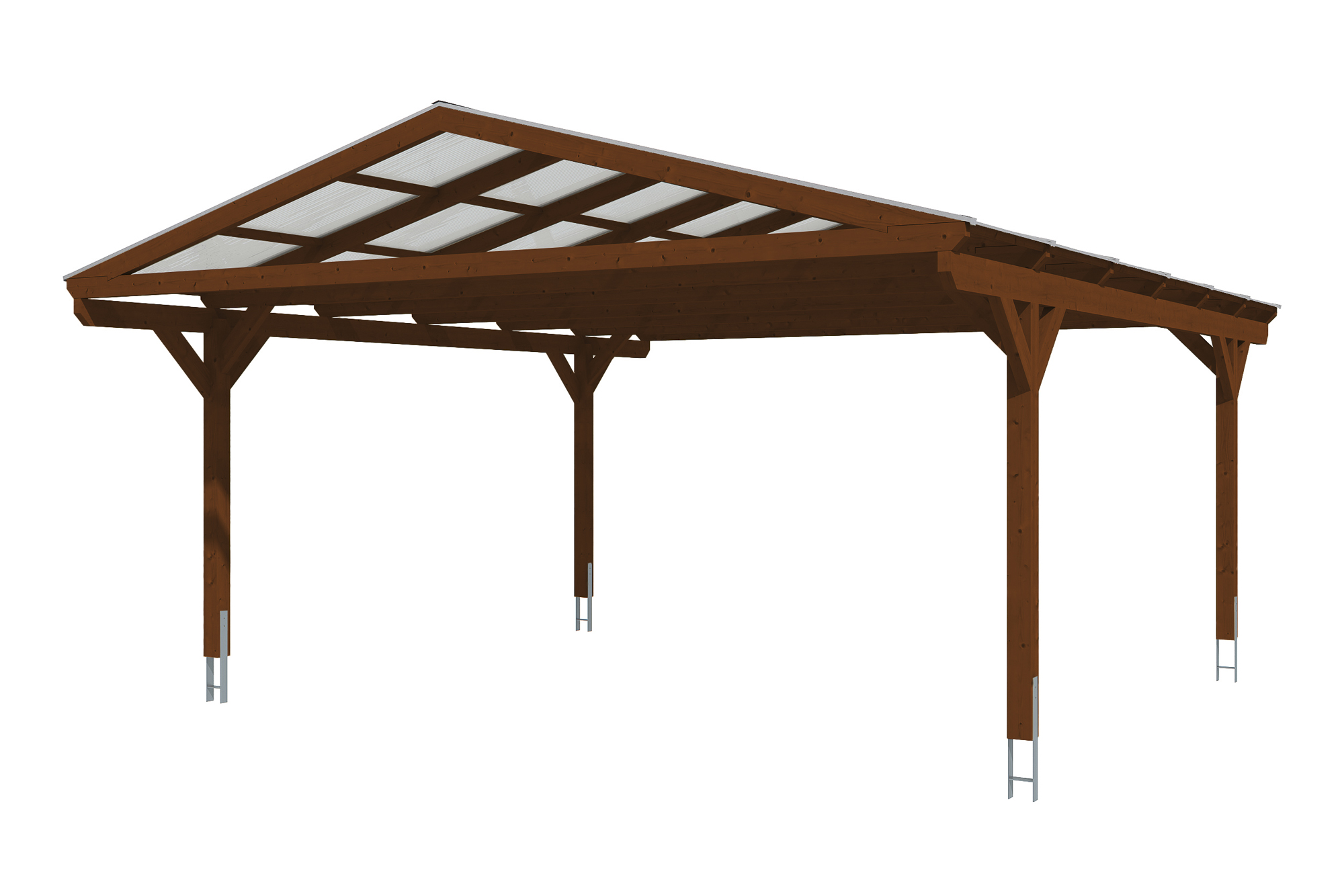 Carport Westerwald 570 x 648 cm, gelakt in noten, met polycarbonaatplaten