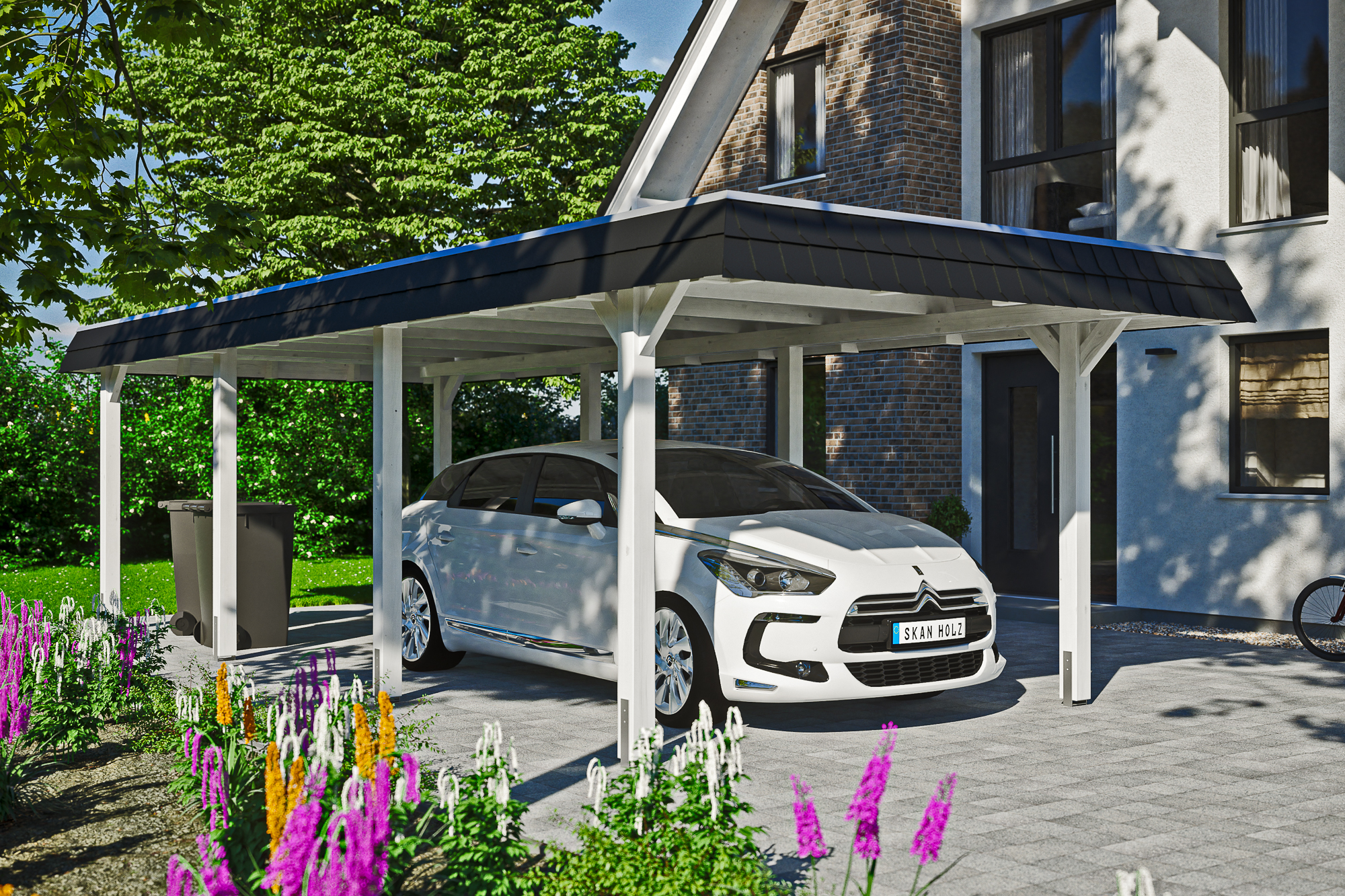 Ambientebild: Carport Wendland 362 x 870 cm, mit schwarzer Blende, farblich behandelt in weiß