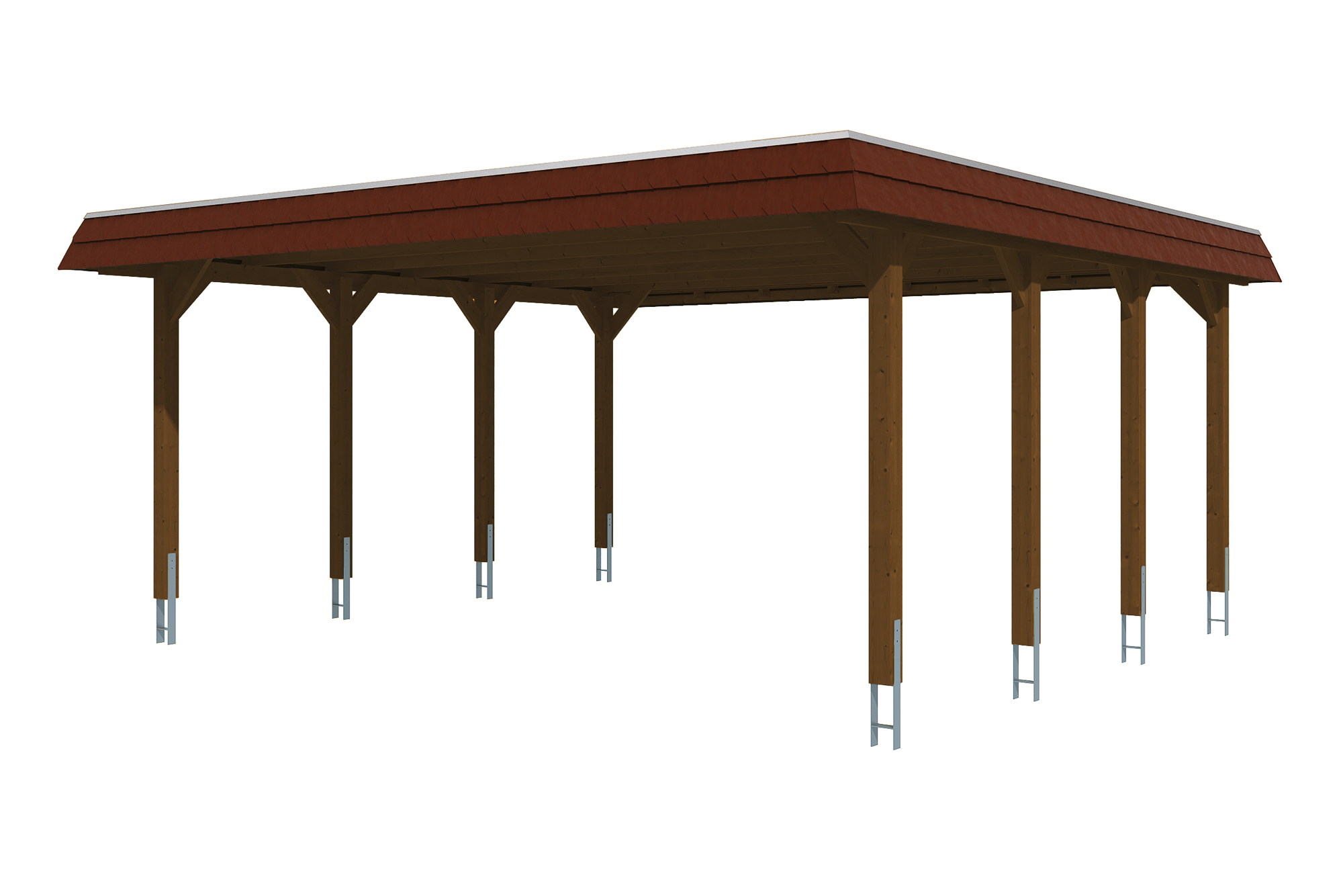 Produktbild: Carport Spreewald 585 x 589 cm mit roter Blende, farblich behandelt in nussbaum