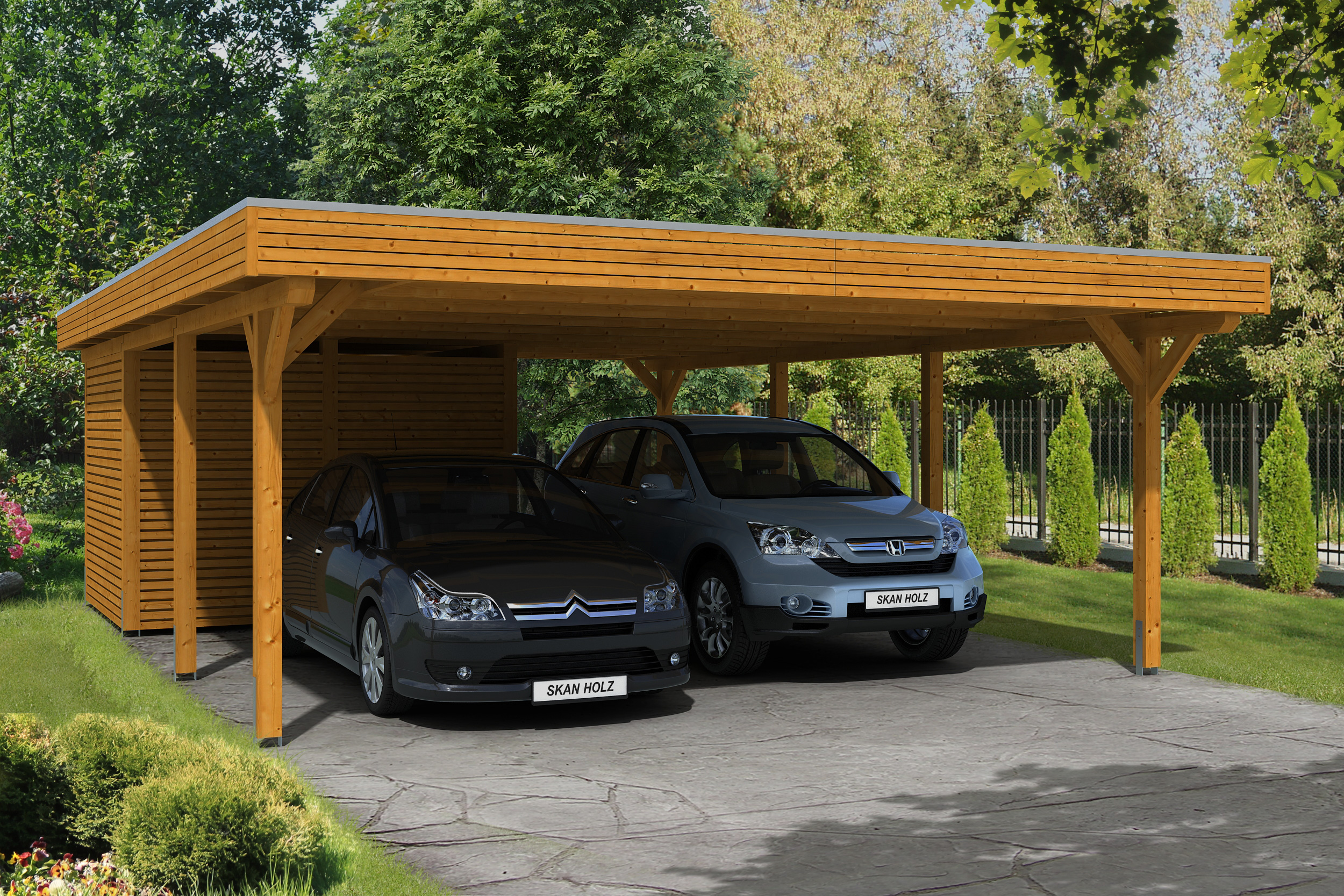Ambientebild: Carport Spessart 611 x 846 cm mit Abstellraum, farblich behandelt in eiche hell