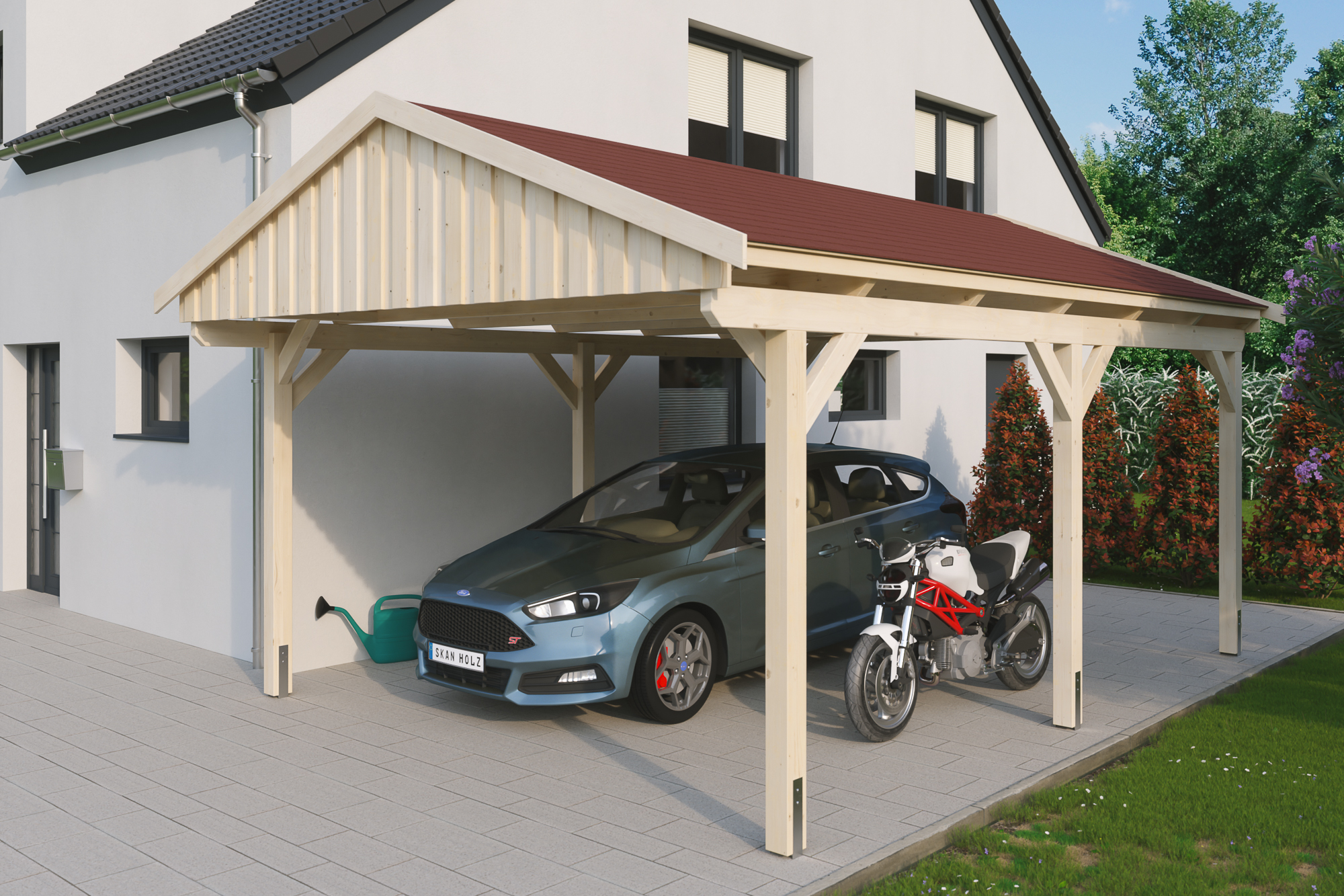 Ambientebild: Carport Fichtelberg 423 x 566 cm, natur, mit roten Dachschindeln