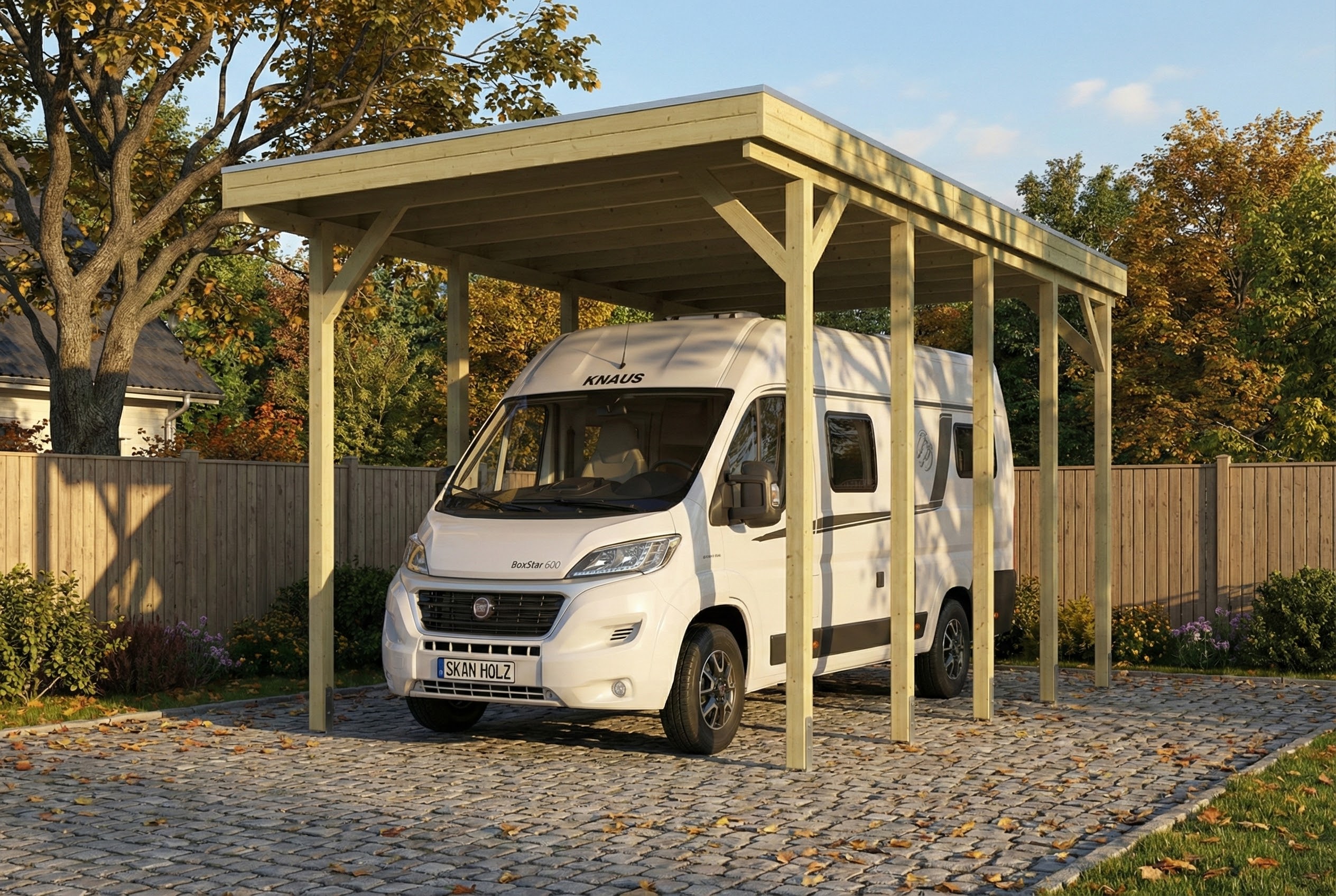 Caravan-Carport Friesland 402 x 708 cm, avec panneaux de toit en acier, imprégné vert