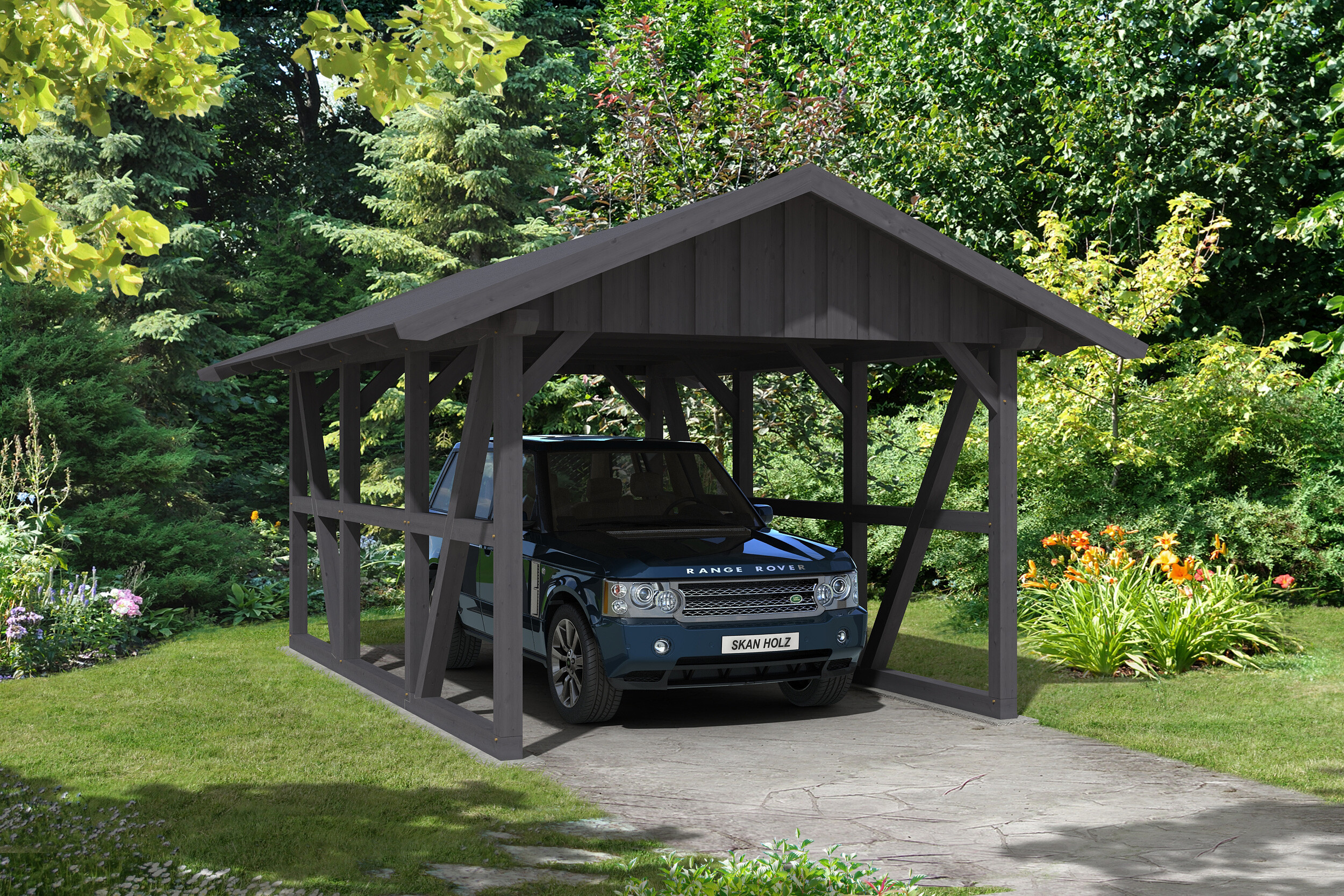 Carport Schwarzwald 424 x 600 cm met dakbetimmering, gelakt in leigrijs