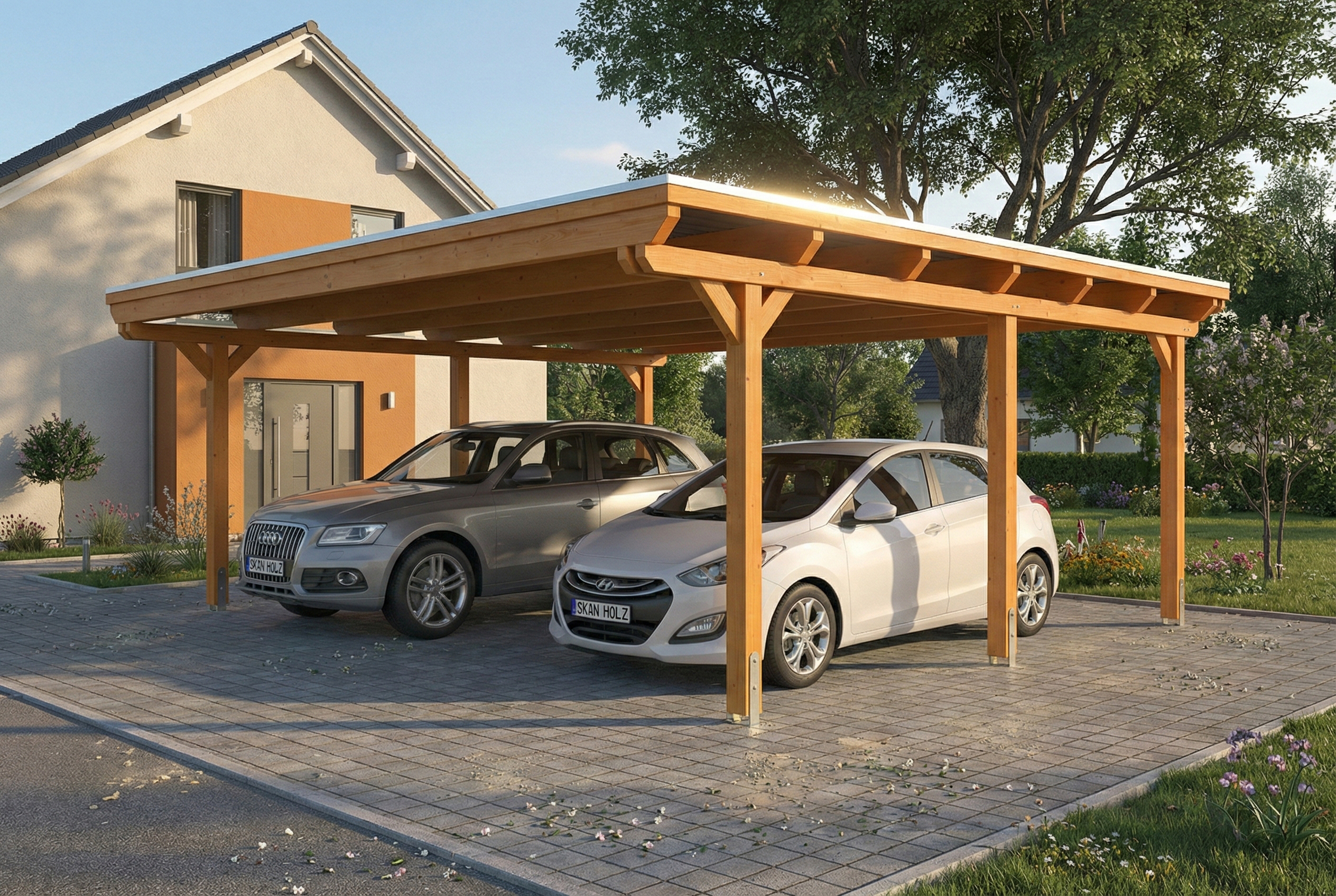 Carport Emsland 609 x 604 cm, stalen dakplaten met antiek condensvlies, licht eiken