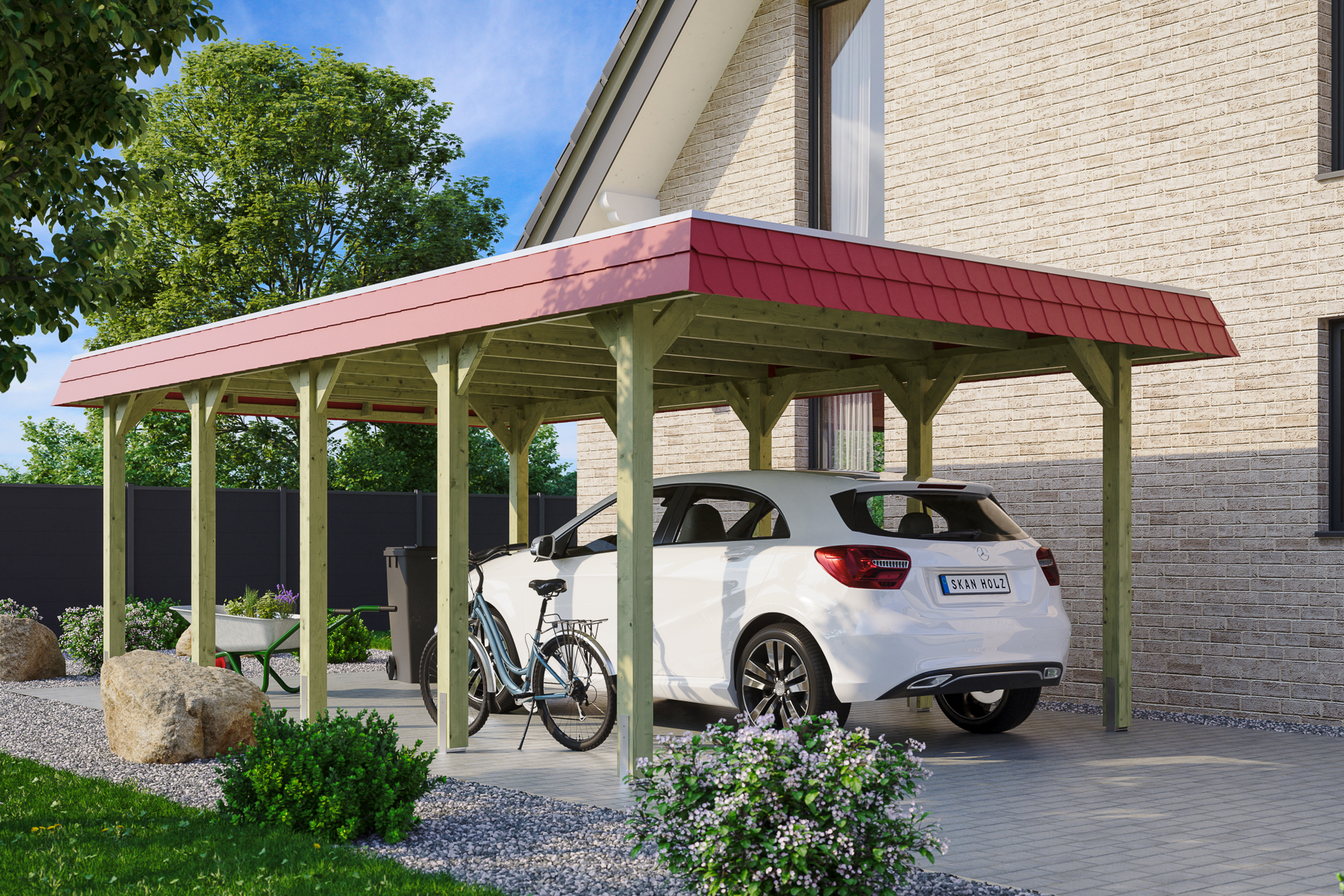 Ambientebild: Carport Spreewald 396 x 741 cm mit roter Blende, grün imprgniert