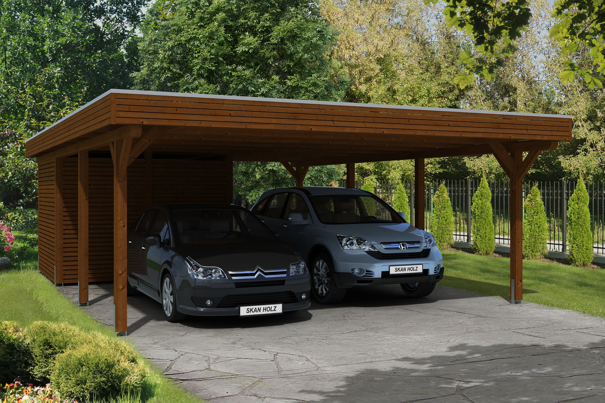 Ambientebild: Carport Spessart 611 x 846 cm mit Abstellraum, farblich behandelt in nussbaum