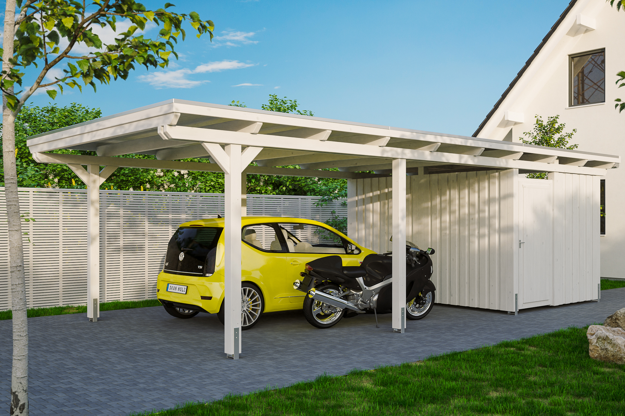 Ambientebild: Carport Emsland 404 x 846 cm mit Abstellraum, farblich behandelt in weiß