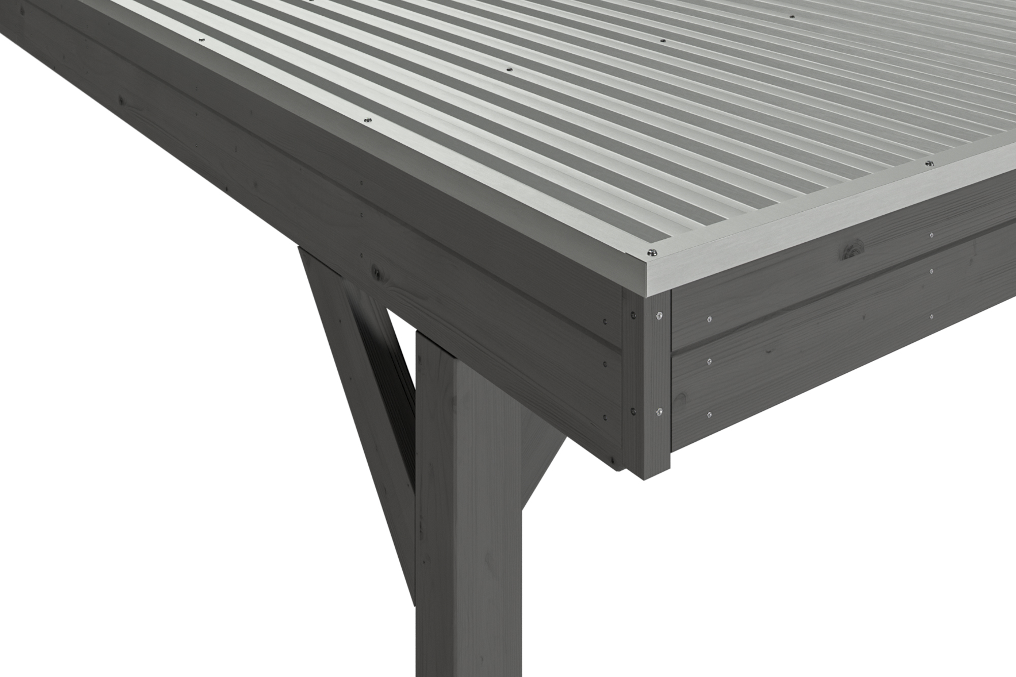 Detailbild: Aluminiumdachplatten und Dachblende beim Einzelcarport Grunewald, farblich behandelt in schiefergrau