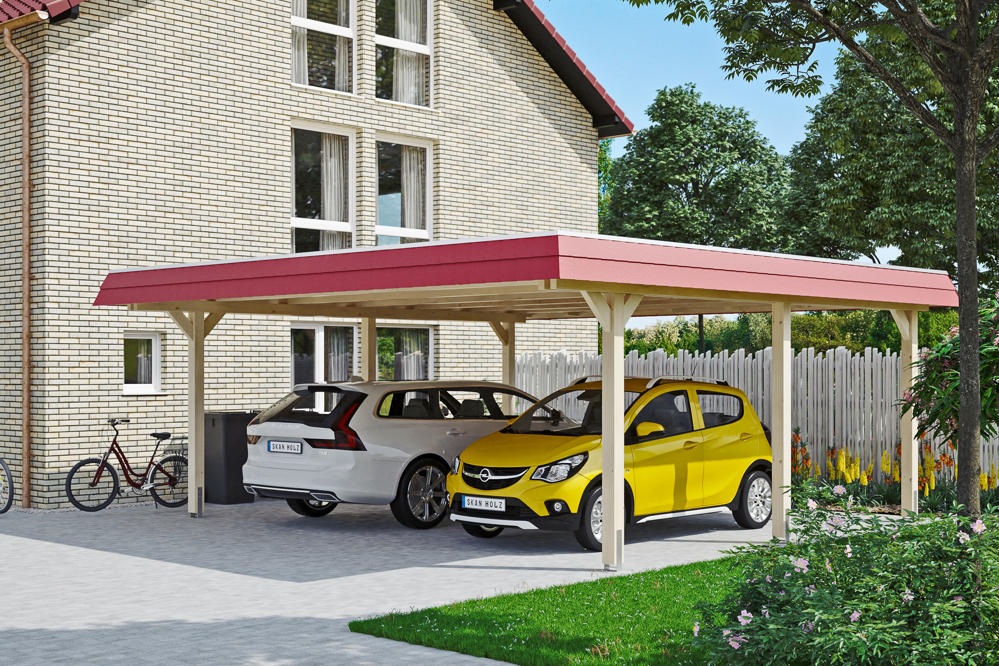Ambientebild: Carport Wendland 630 x 637 cm, mit roter Blende