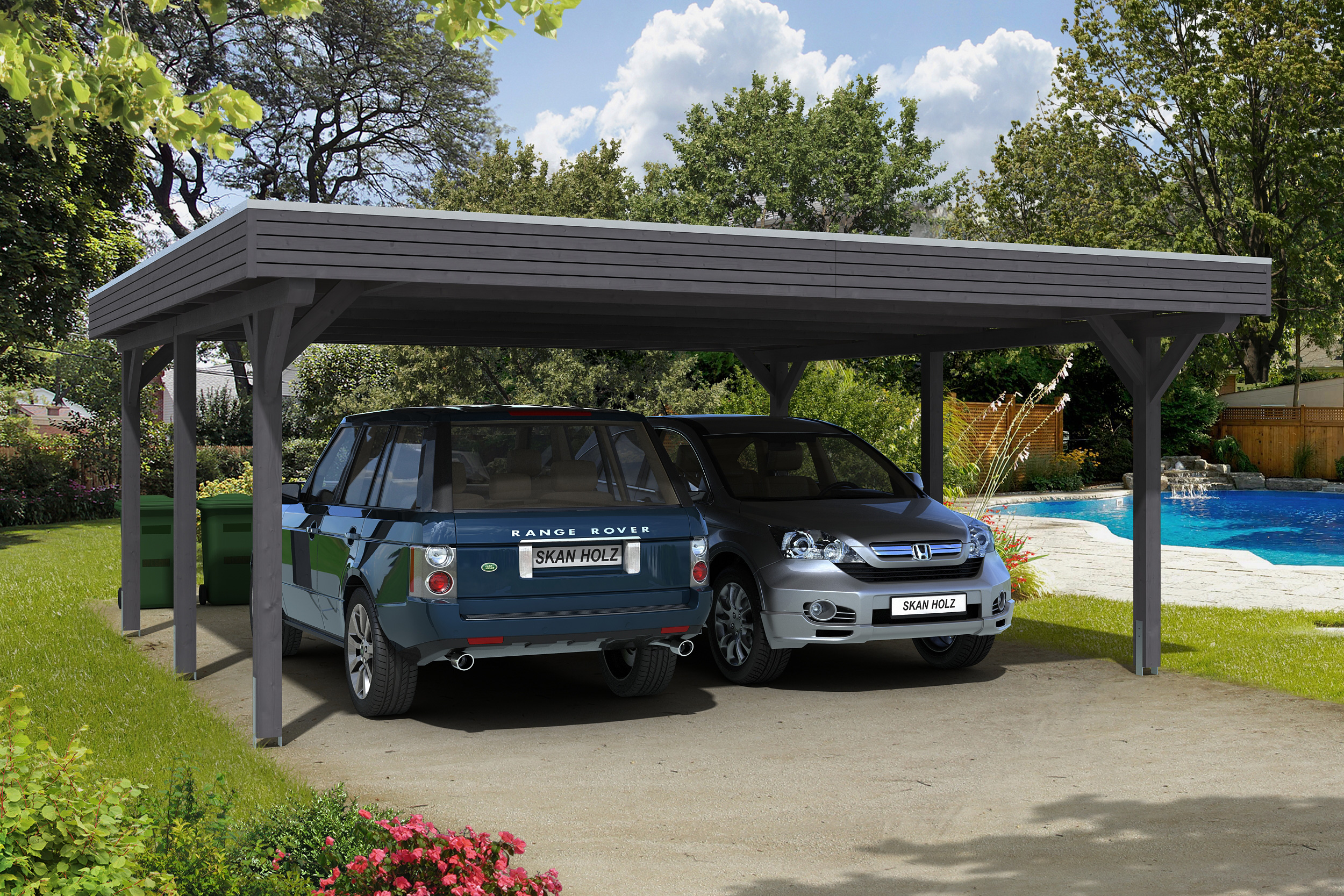 Carport Spessart 611 x 604 cm, gelakt in leigrijs, met Aluminium dakplaten