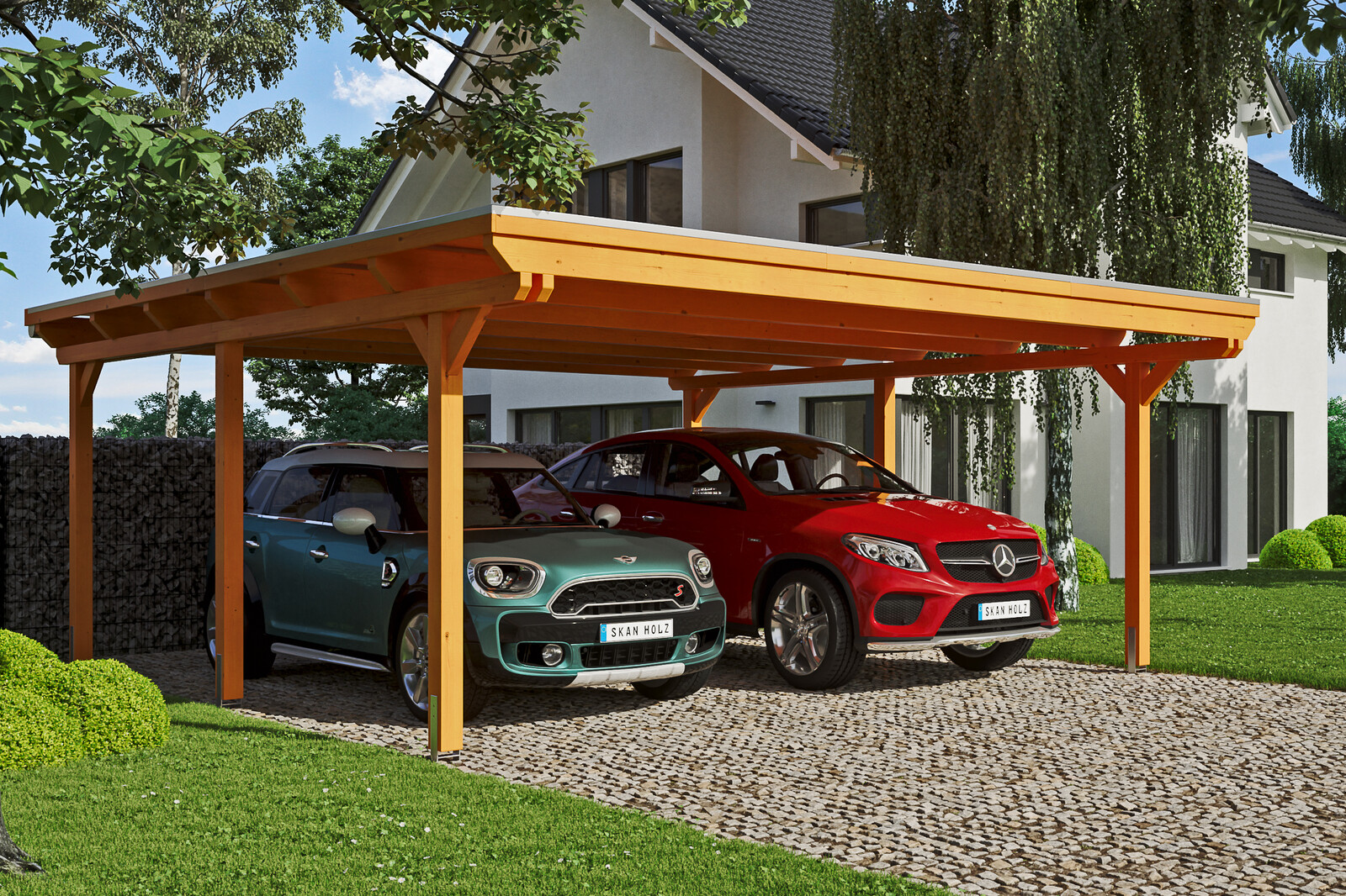 Carport EMSLAND 613x604cm, planches de toit et EPDM, bois lamellé-collé, traitement coloré chêne clair