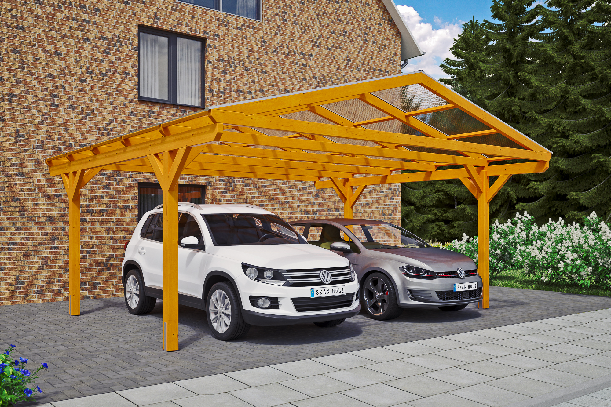 Carport Westerwald 570 x 541 cm, gelakt in licht eiken, met polycarbonaatplaten