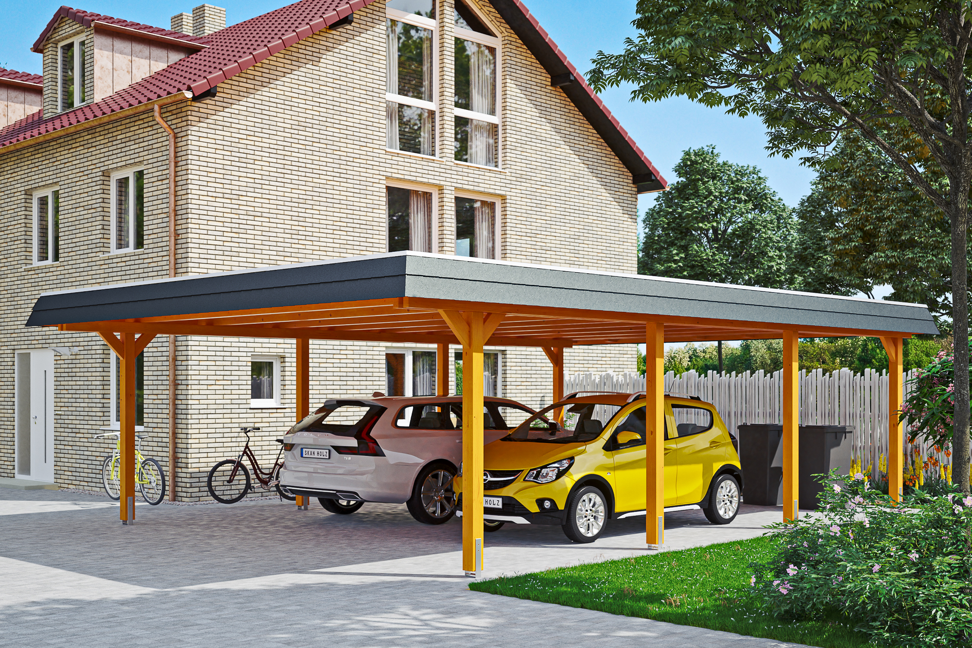 Ambientebild: Carport Wendland 630 x 879 cm, mit schwarzer Blende, farblich behandelt in eiche hell