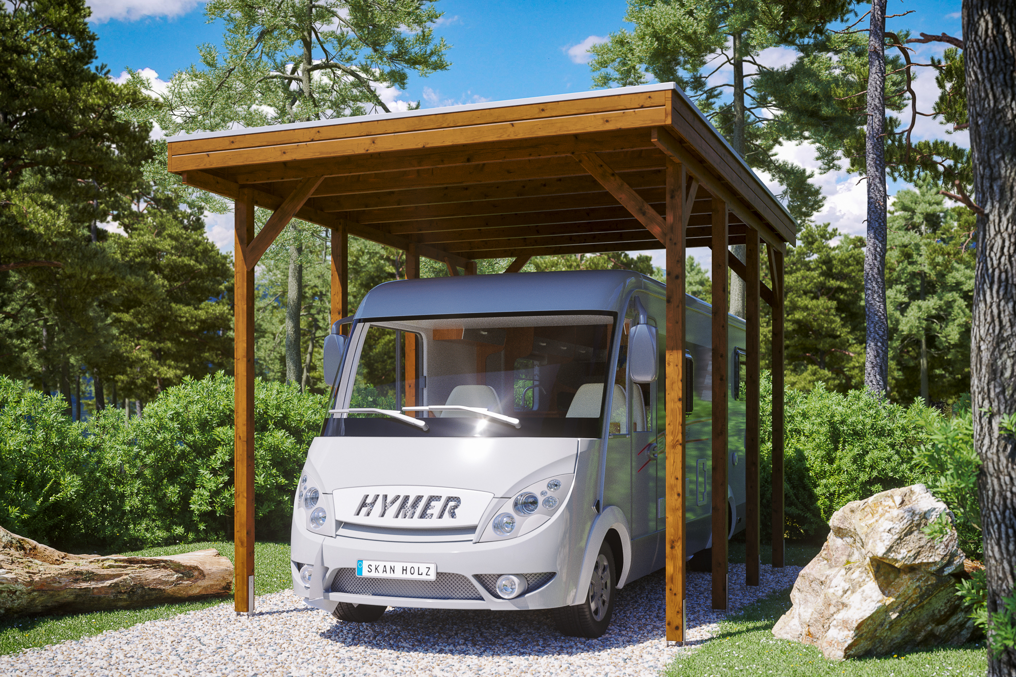 Ambientebild: Carport Friesland Caravan 397 x 555 cm, farblich behandelt in nussbaum