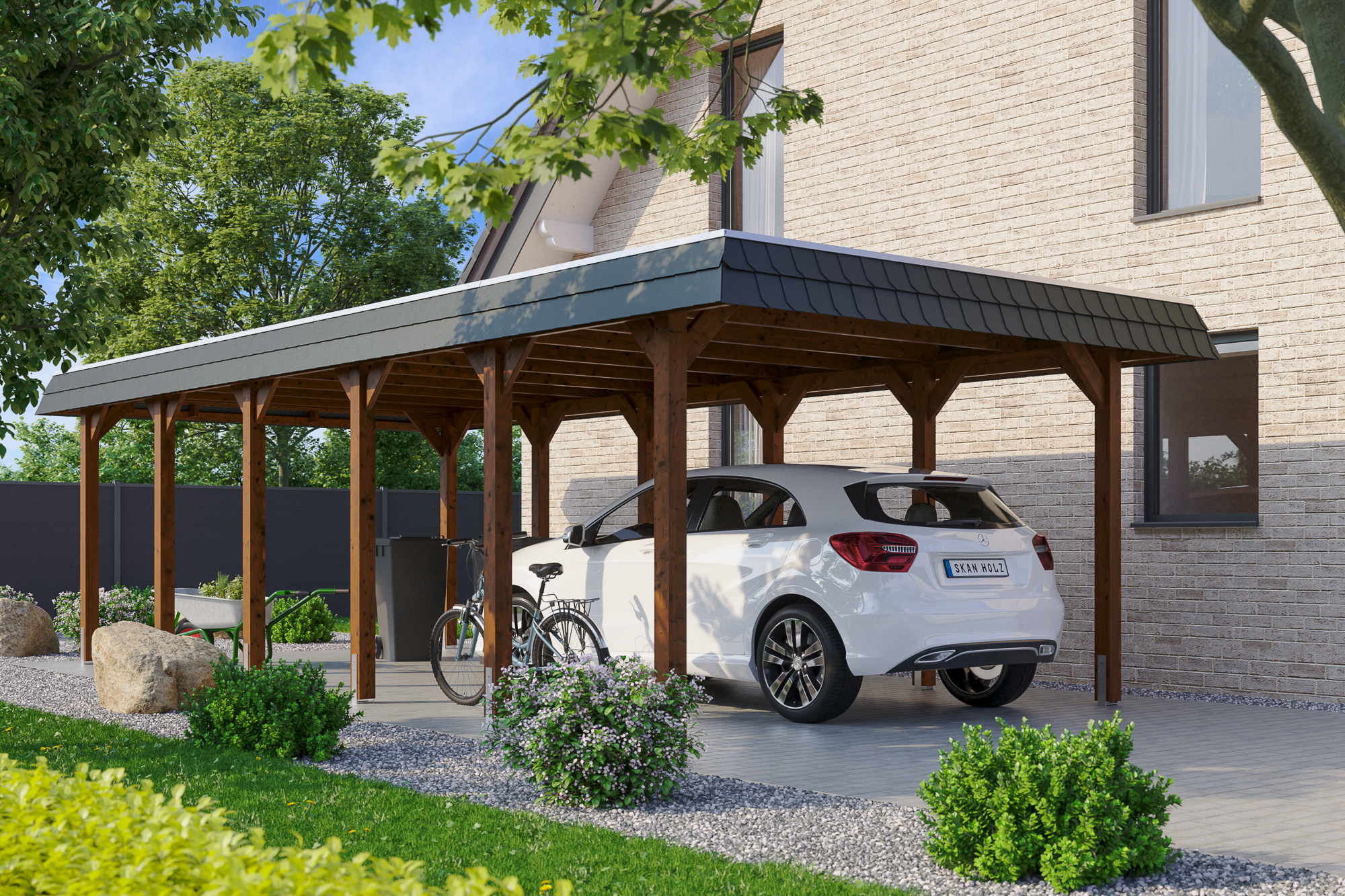 Ambientebild: Carport Spreewald 396 x 893 cm mit schwarzer Blende, farblich behandelt in nussbaum