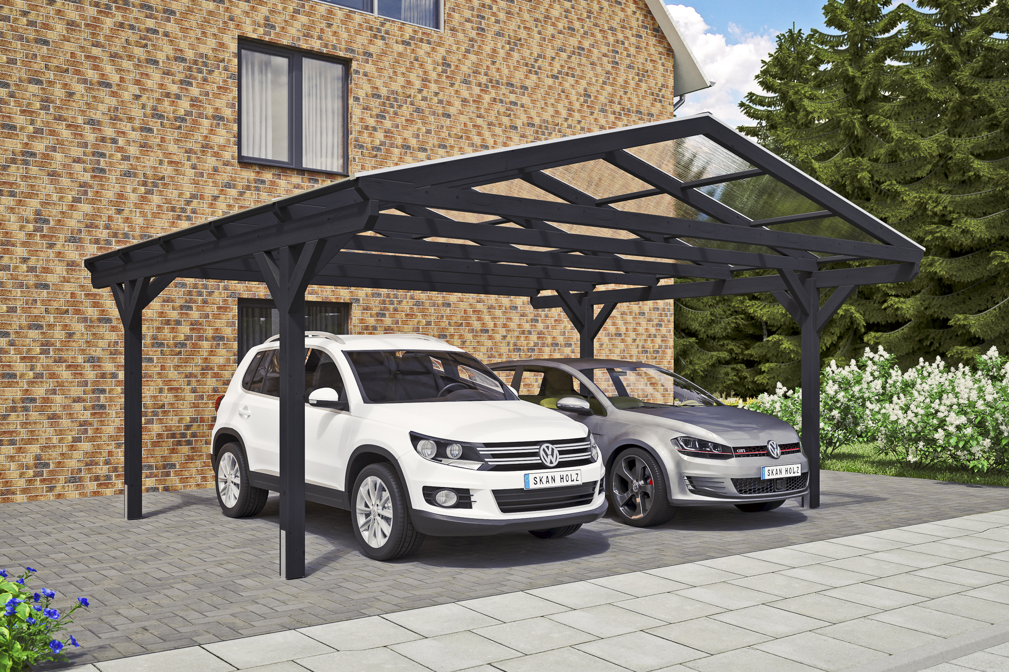 Ambientebild: Carport Westerwald 570 x 541 cm, farblich behandelt in anthrazit