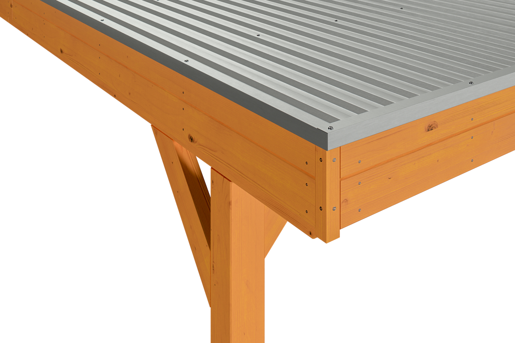 Detailbild: Aluminiumdachplatten und Dachblende beim Einzelcarport Grunewald, farblich behandelt in eiche hell