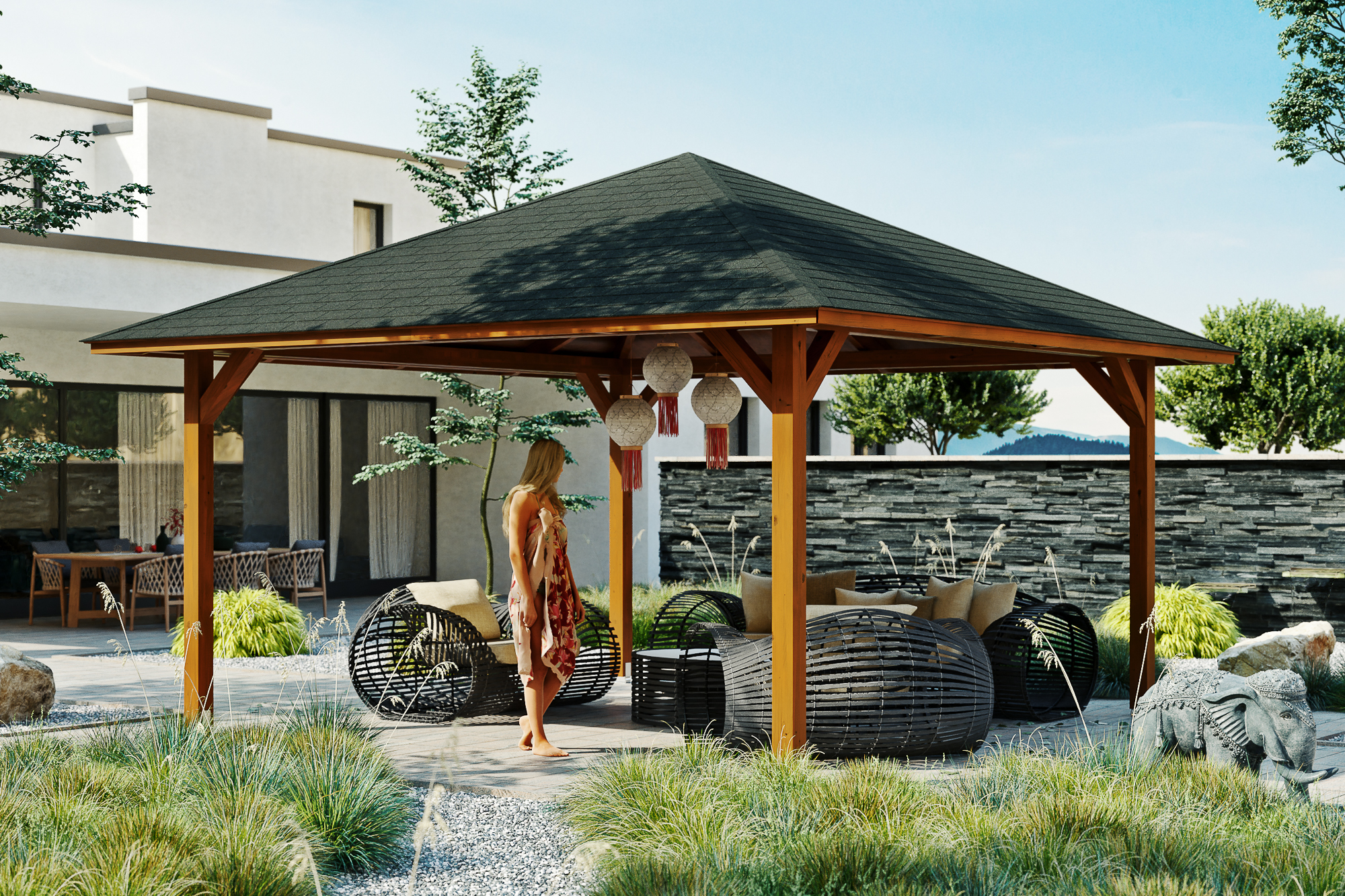 Ambientebild: Pavillon Cannes 3, farblich behandelt in nussbaum