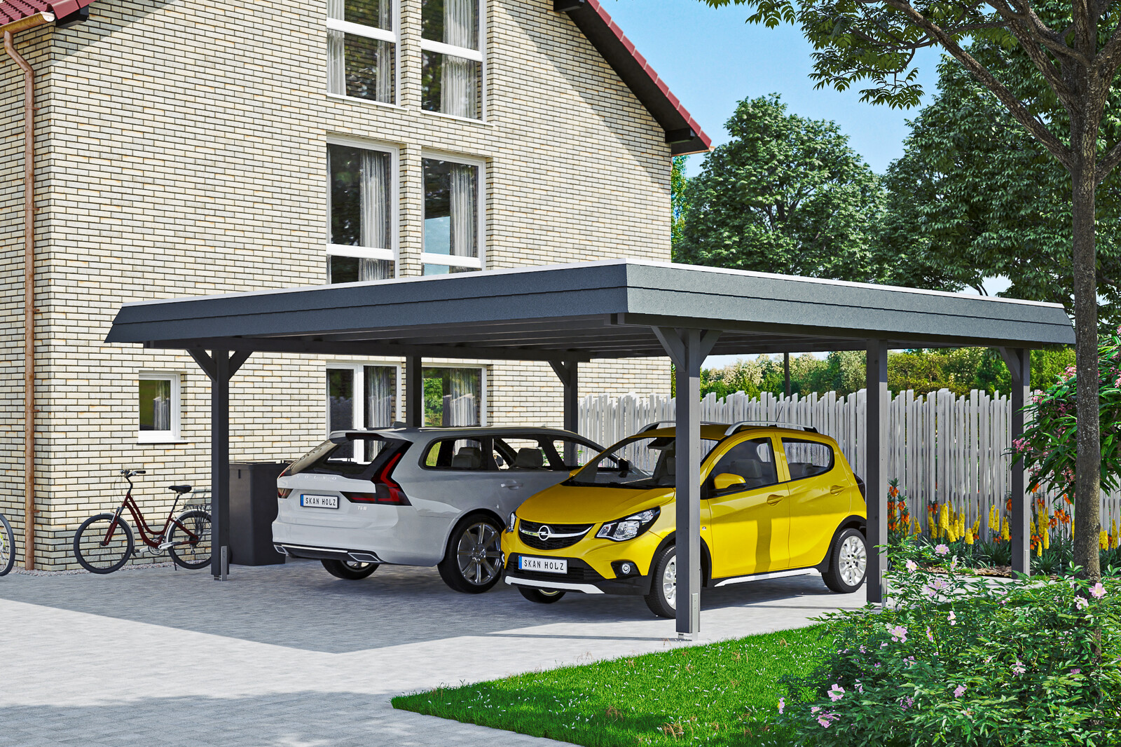 Carport WENDLAND 630x637cm, toit en aluminium, bandeau noir, bois lamellé-collé, traitement coloré gris ardoise