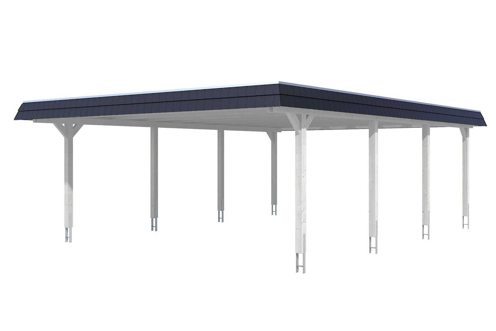 Carport WENDLAND 630x879cm, toit en aluminium, bandeau noir, bois lamellé-collé, traitement coloré blanc