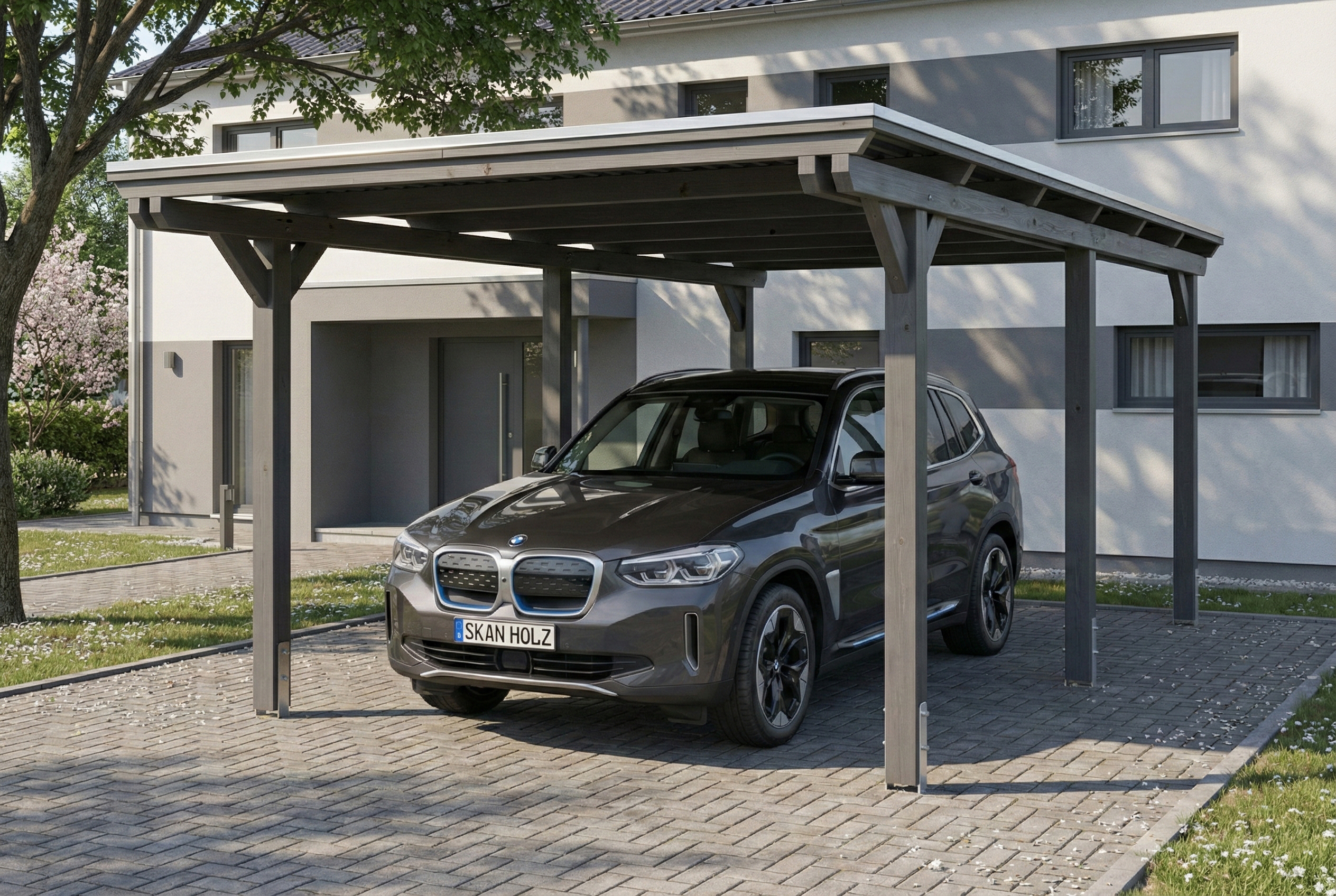 Carport Emsland 340 x 604 cm, stalen dakplaten met anticondensvlies, leigrijs