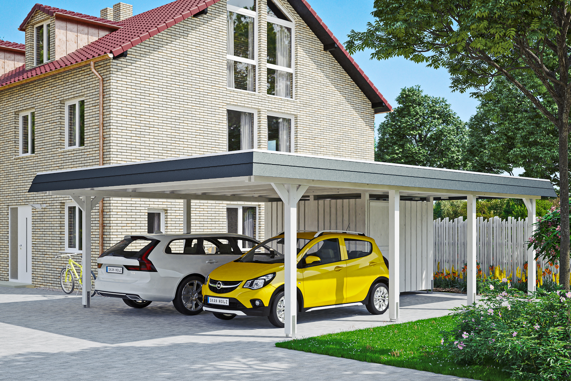 Ambientebild: Carport Wendland 630 x 879 cm, mit Abstellraum, mit schwarzer Blende, farblich behandelt in weiß