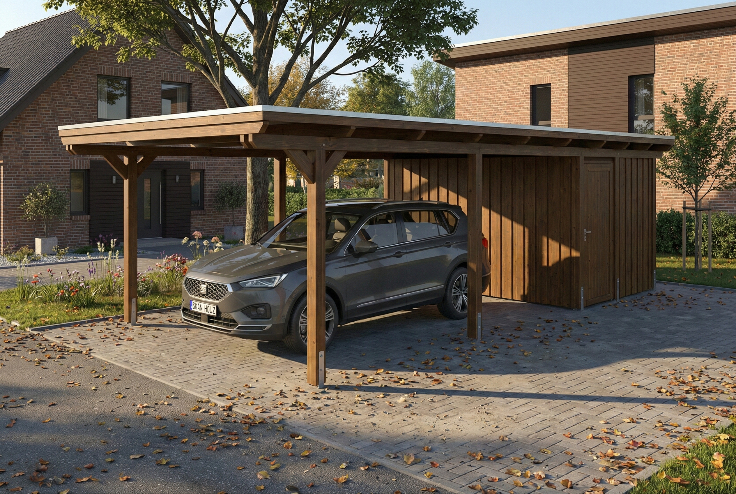 Carport Emsland 402 x 846 cm met EPDM dak, met bergruimte, notenhout