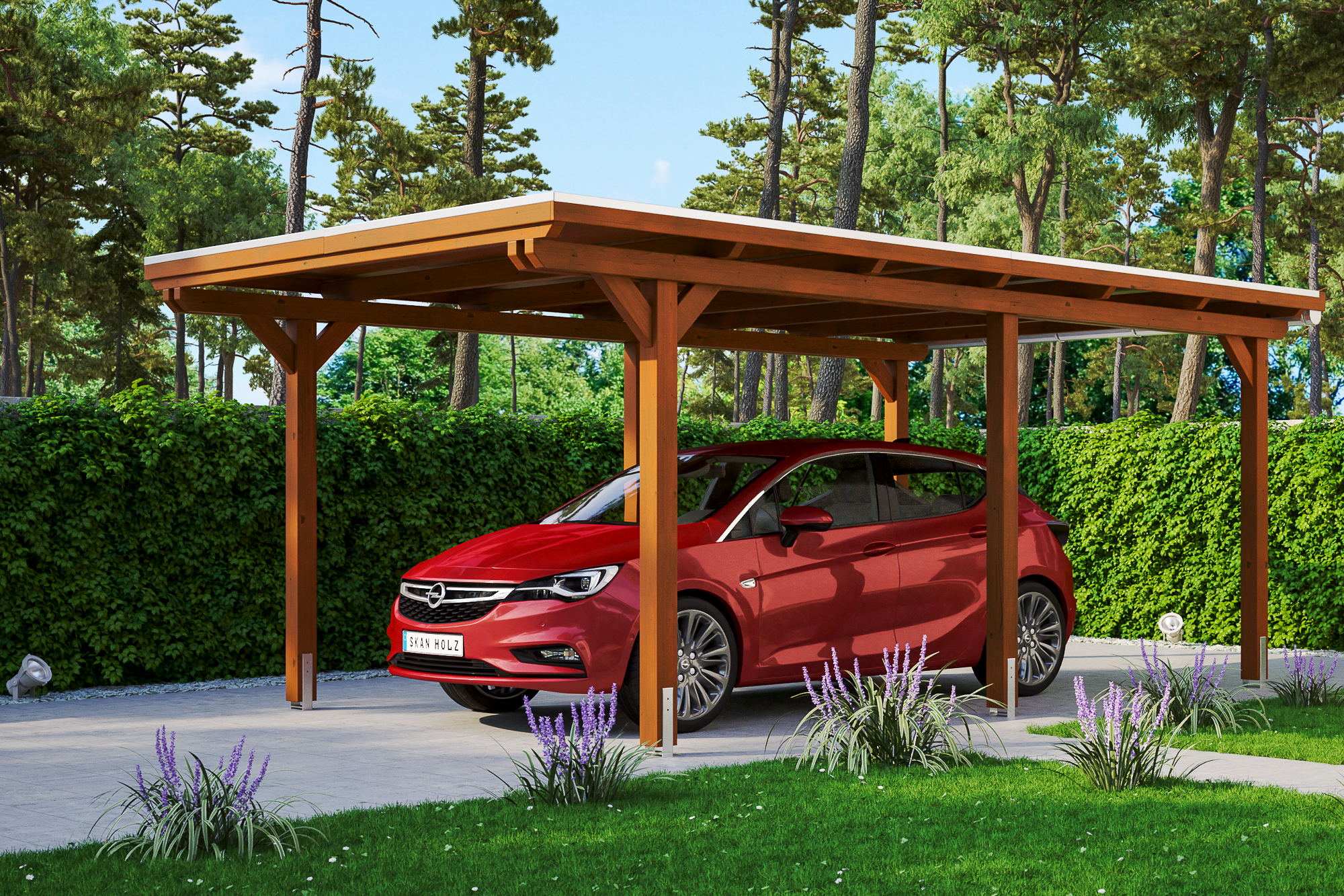 Ambientebild: Carport Emsland 354 x 604 cm, farblich behandelt in nussbaum
